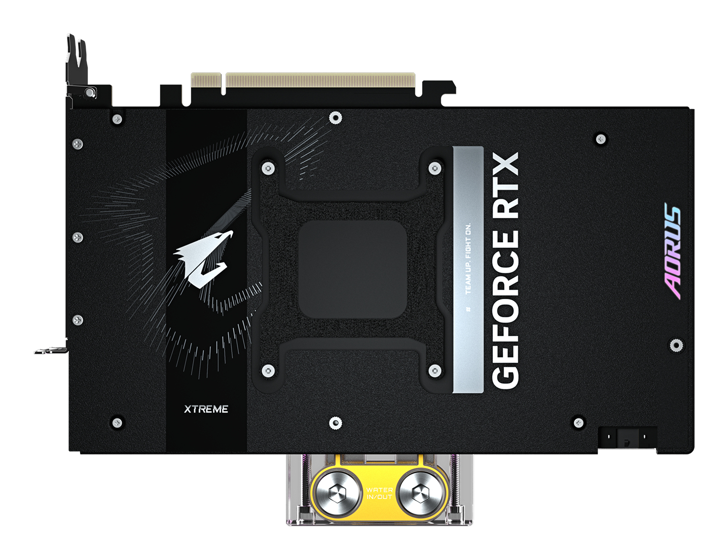 Widok z tyłu karty graficznej z blokiem wodnym. Widoczne jest logo AORUS i GeForce RTX.