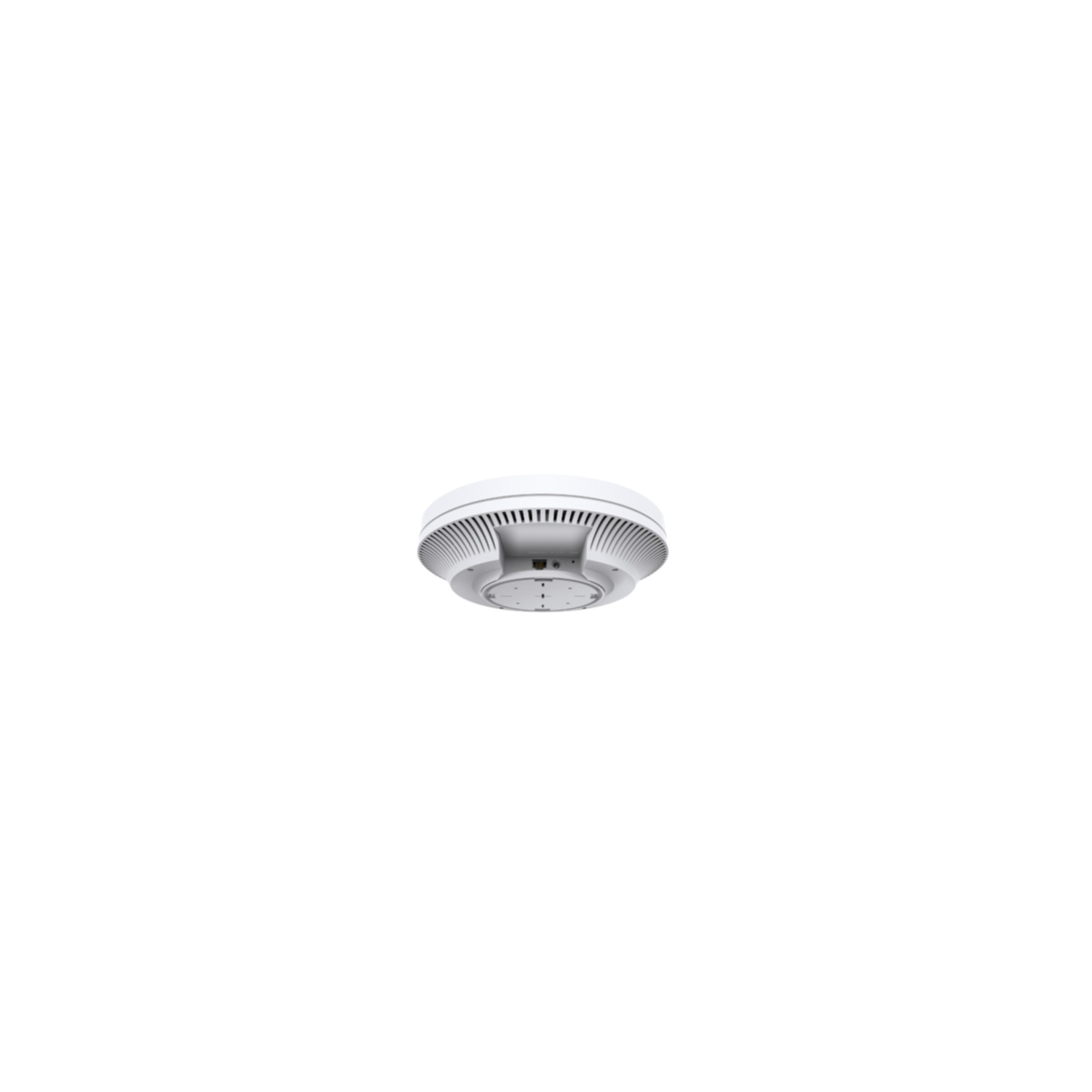 White ceiling-mounted device. It has a circular shape with vents and a central component.