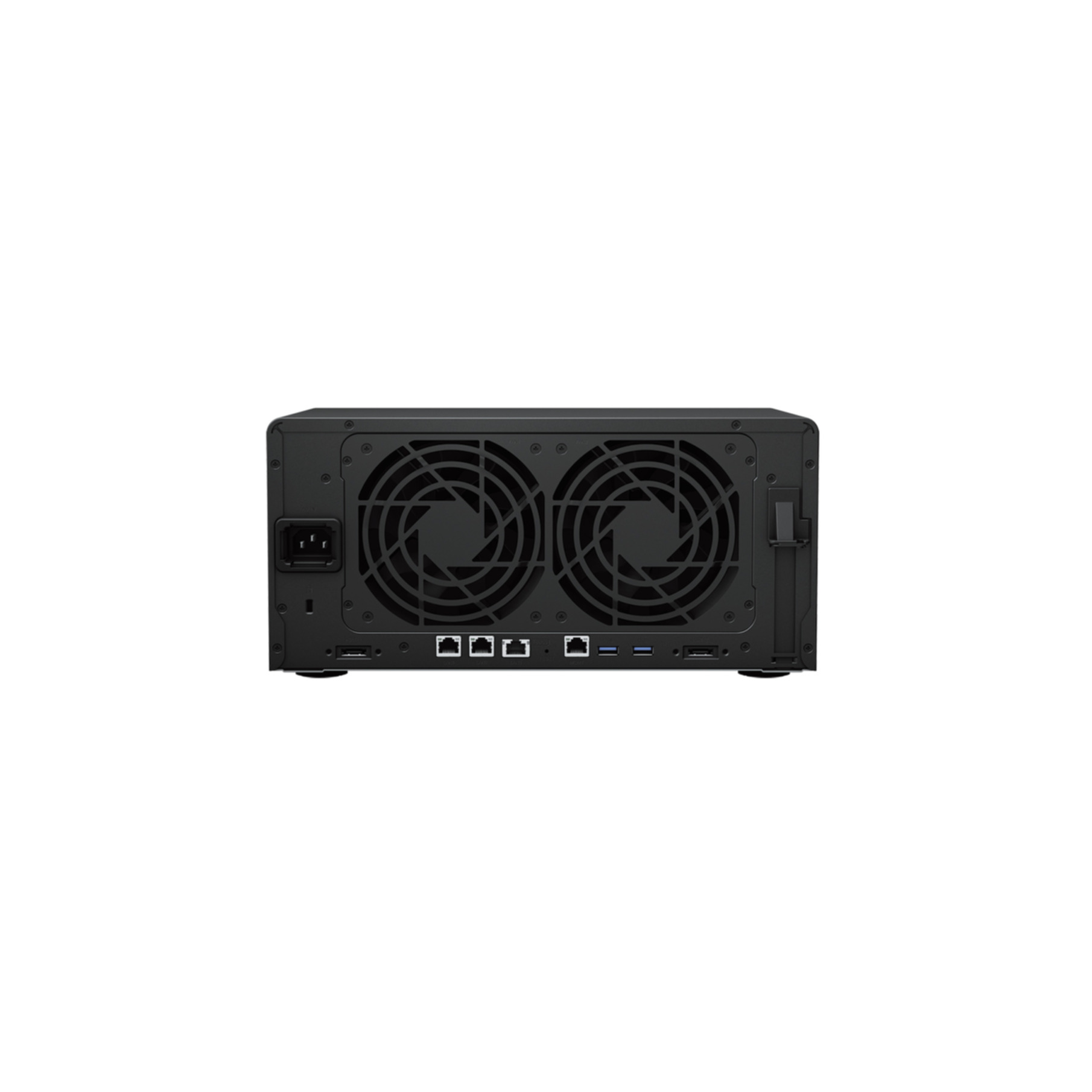 Vue arrière d'un NAS noir. Deux ventilateurs, des ports et des points de connexion sont visibles.