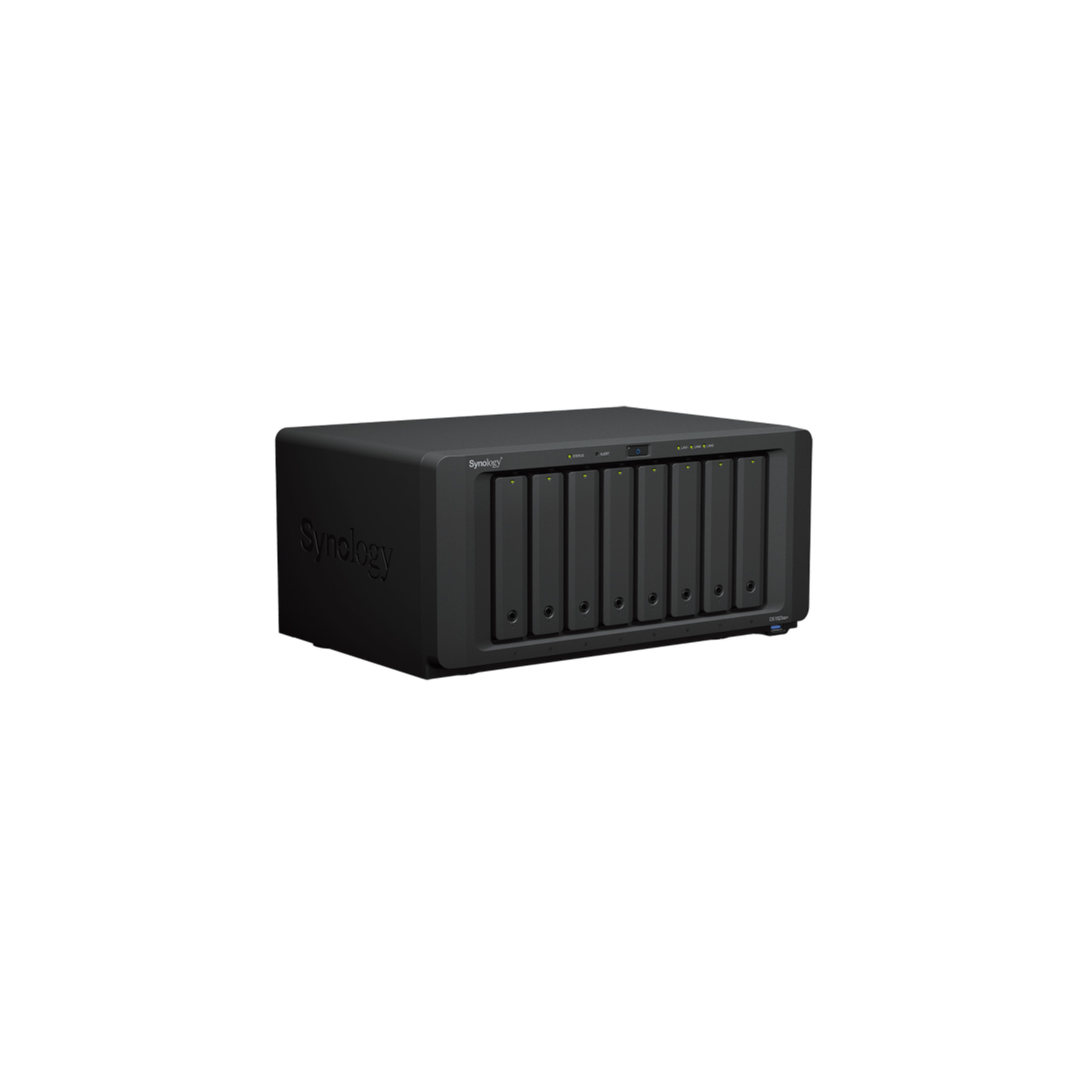 Un appareil NAS Synology noir avec plusieurs baies de disques sur fond blanc. Le logo Synology est visible.