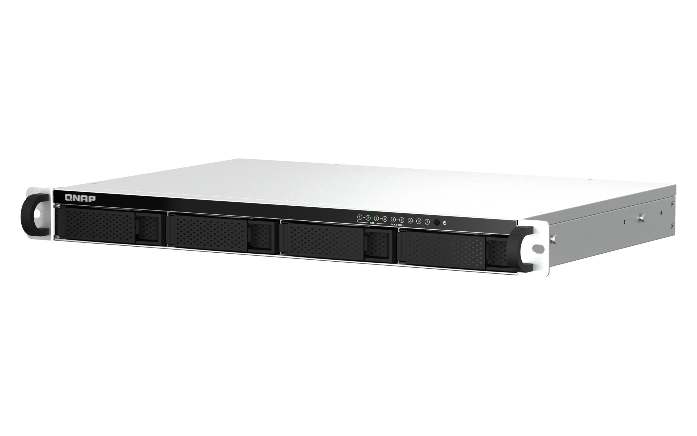 Server QNAP, bianco con vani per unità neri. Maniglia argentata, sfondo bianco. Il server è su una superficie bianca.
