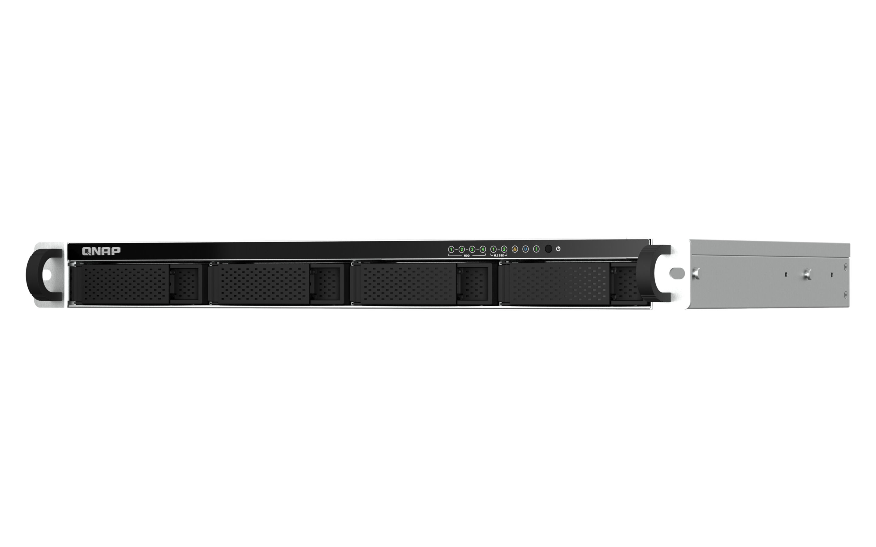 Server QNAP, frontale nero con vani per unità, maniglia argentata e un componente staccabile sul lato destro.