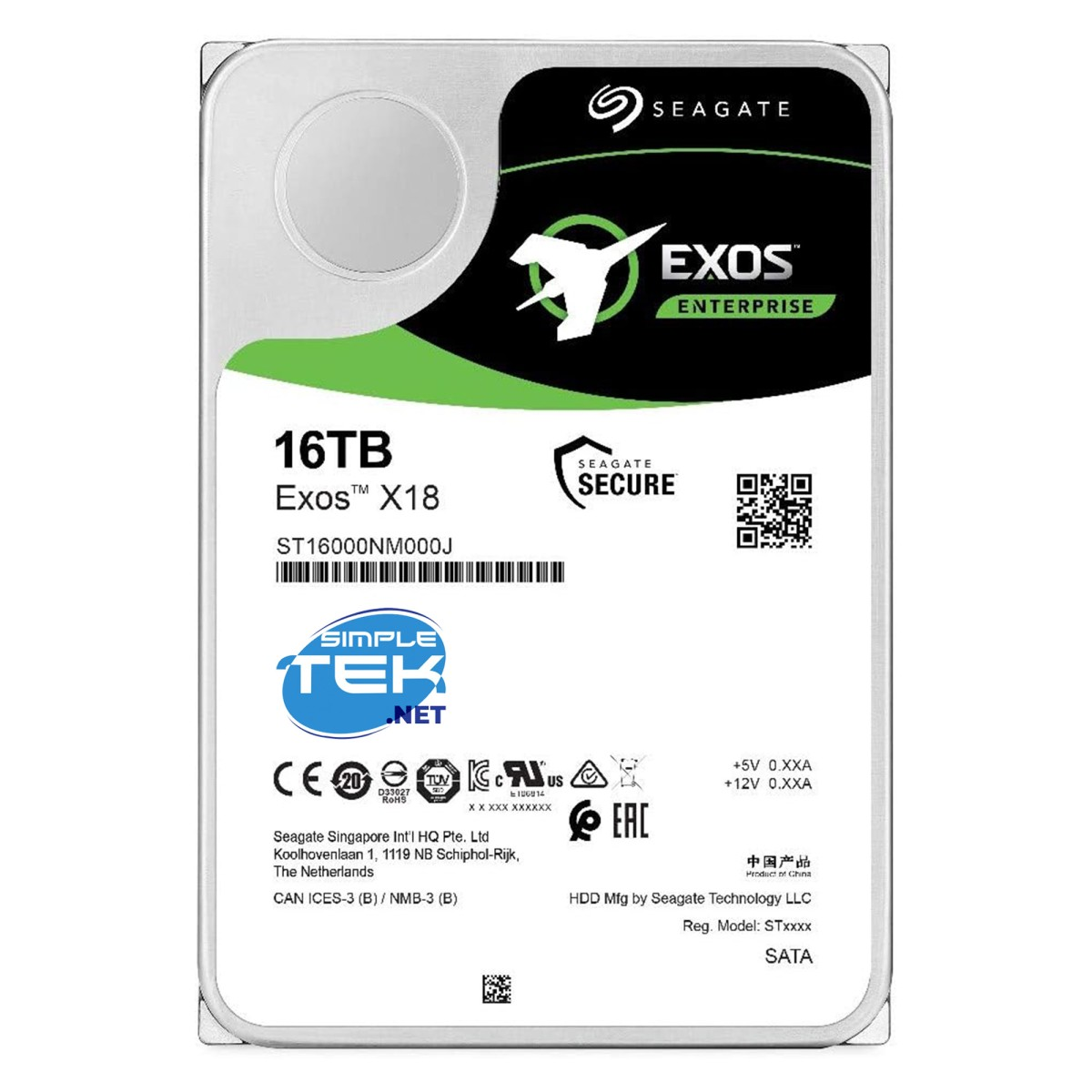Bir Seagate 16TB Exos X18 sabit sürücüsü. Metin ve logolar içeren beyaz ve yeşil bir etiketi var.