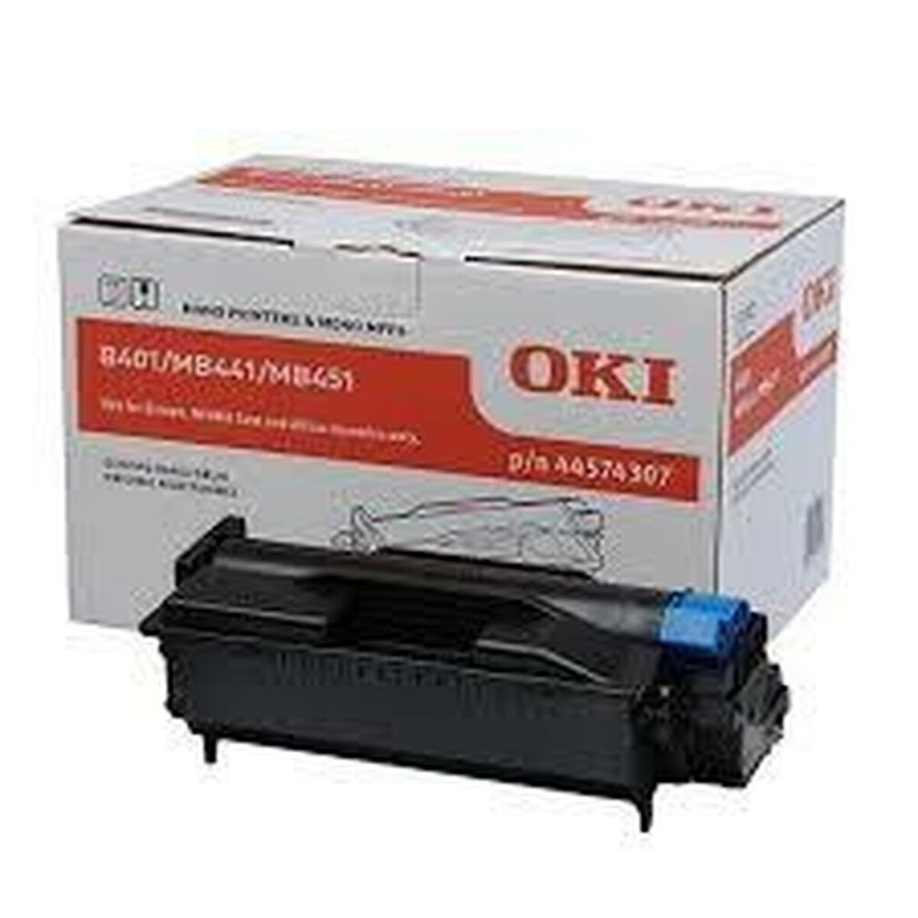 OKI yazıcı toneri ve kutusu, siyah toner ve beyaz kutu, beyaz zemin üzerine kırmızı detaylar.