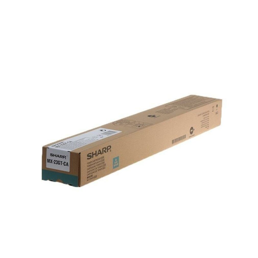 Una scatola di cartucce toner Sharp, rettangolare e marrone, con testo e loghi, su sfondo bianco.