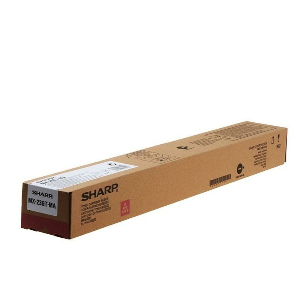 Una scatola di cartucce toner Sharp, marrone con accenti rosa e testo su sfondo bianco.