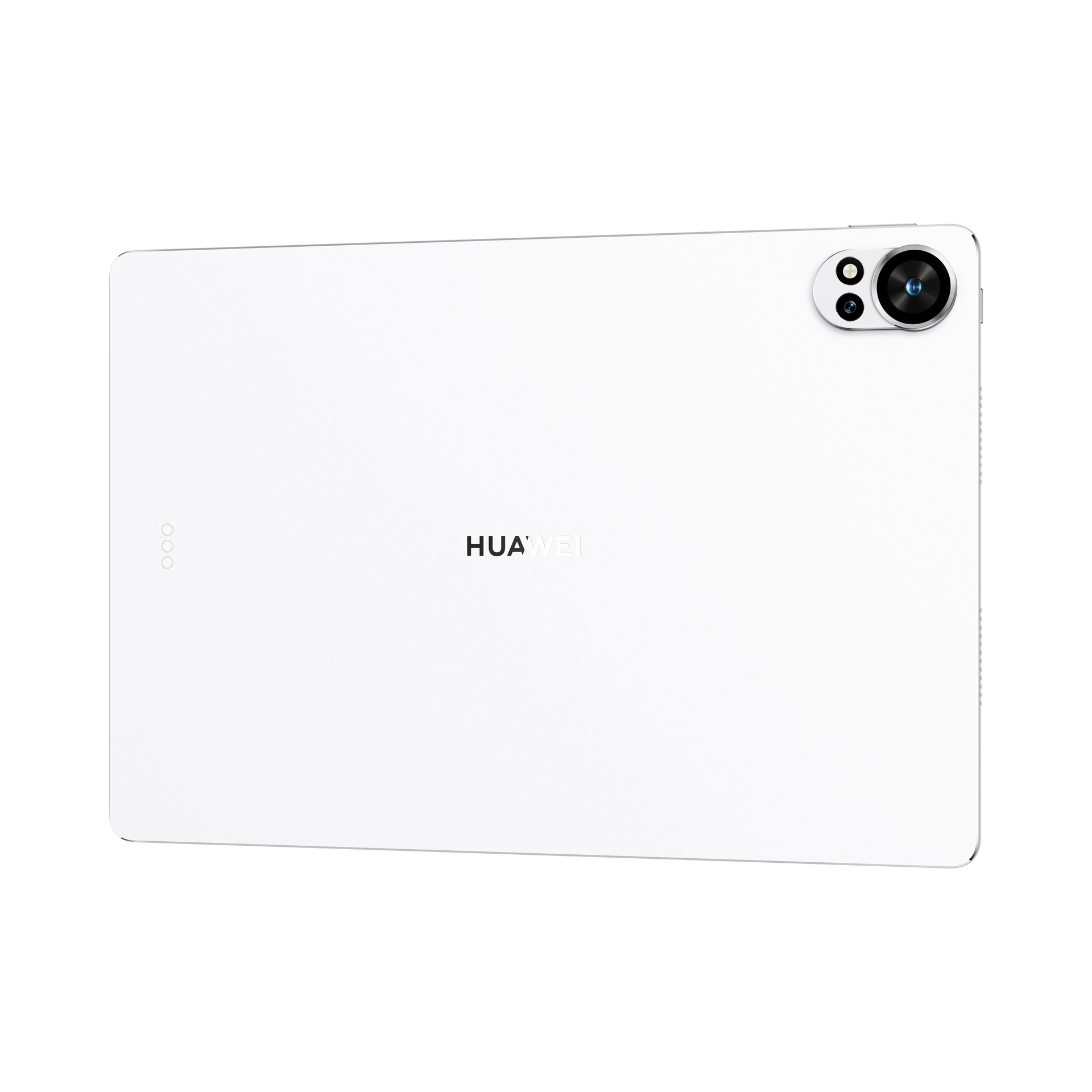 Ein weißes Huawei-Tablet, Rückansicht, Kamera und Logo auf weißem Hintergrund.