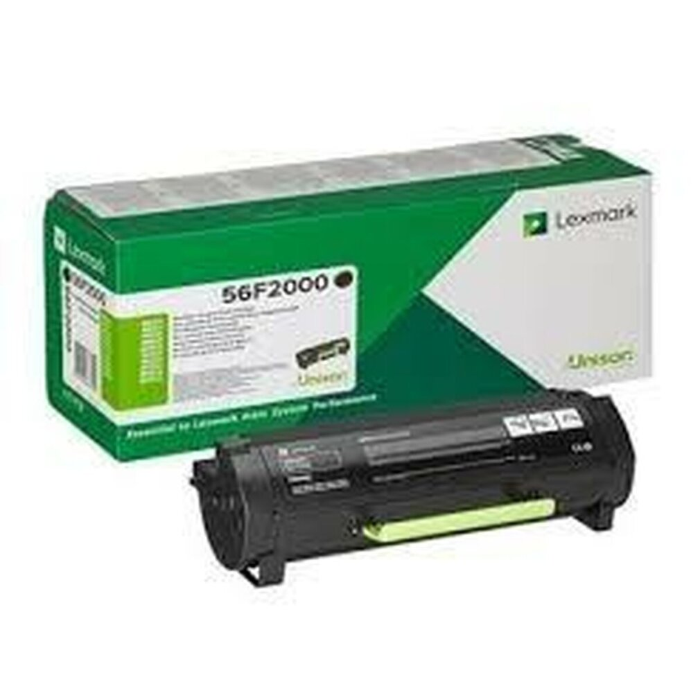Eine Lexmark-Tonerkartusche und -Box, grüne Box und schwarze Kartusche, auf Weiß.