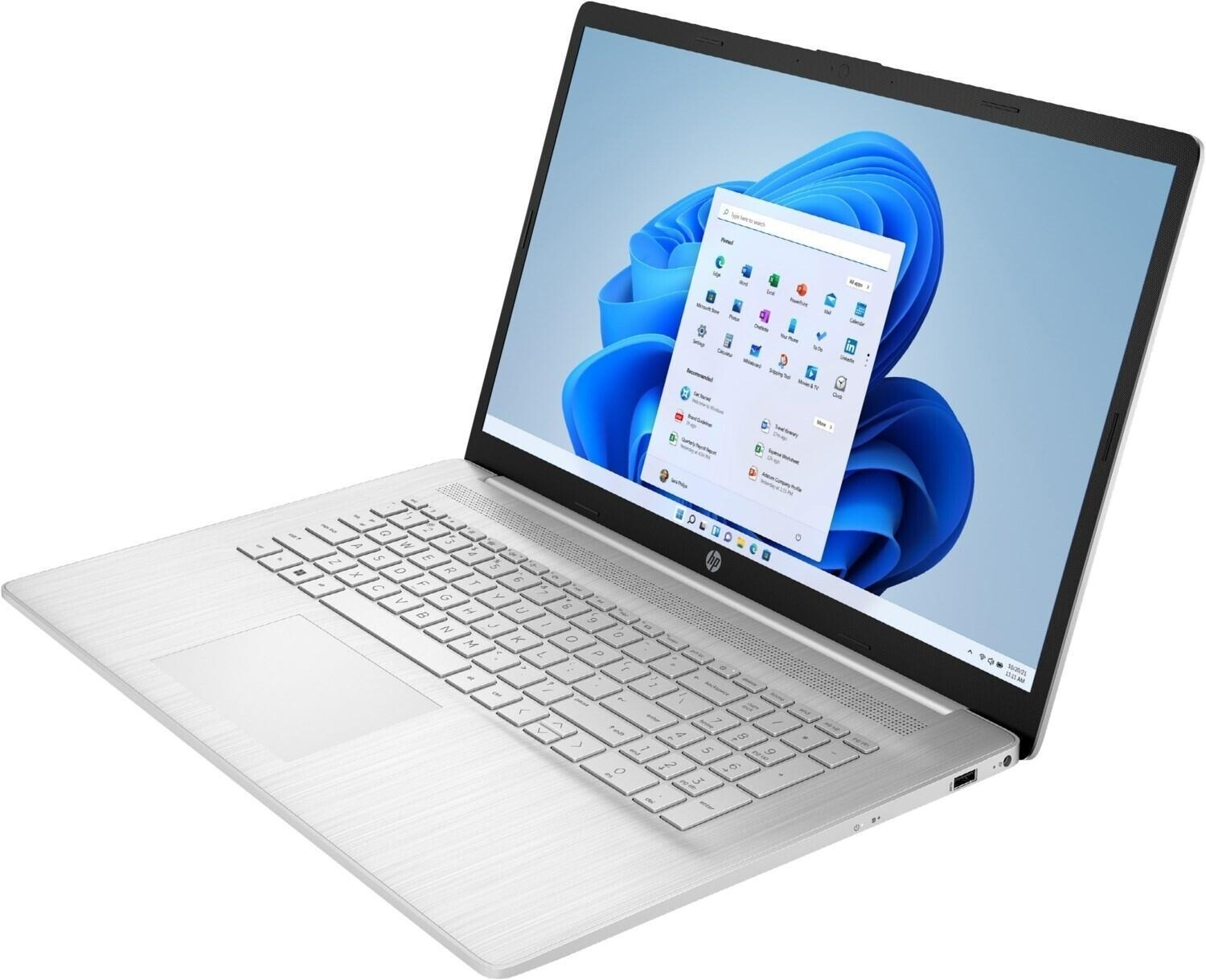 Srebrny laptop HP z białą klawiaturą i niebieskim ekranem Windows 11.