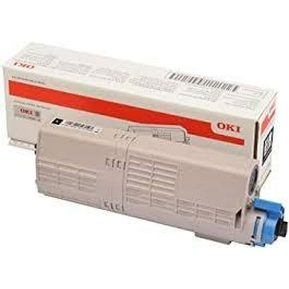 Bej kartuş ve kırmızı detaylı beyaz kutulu bir OKI toner kartuşu ve kutusu.