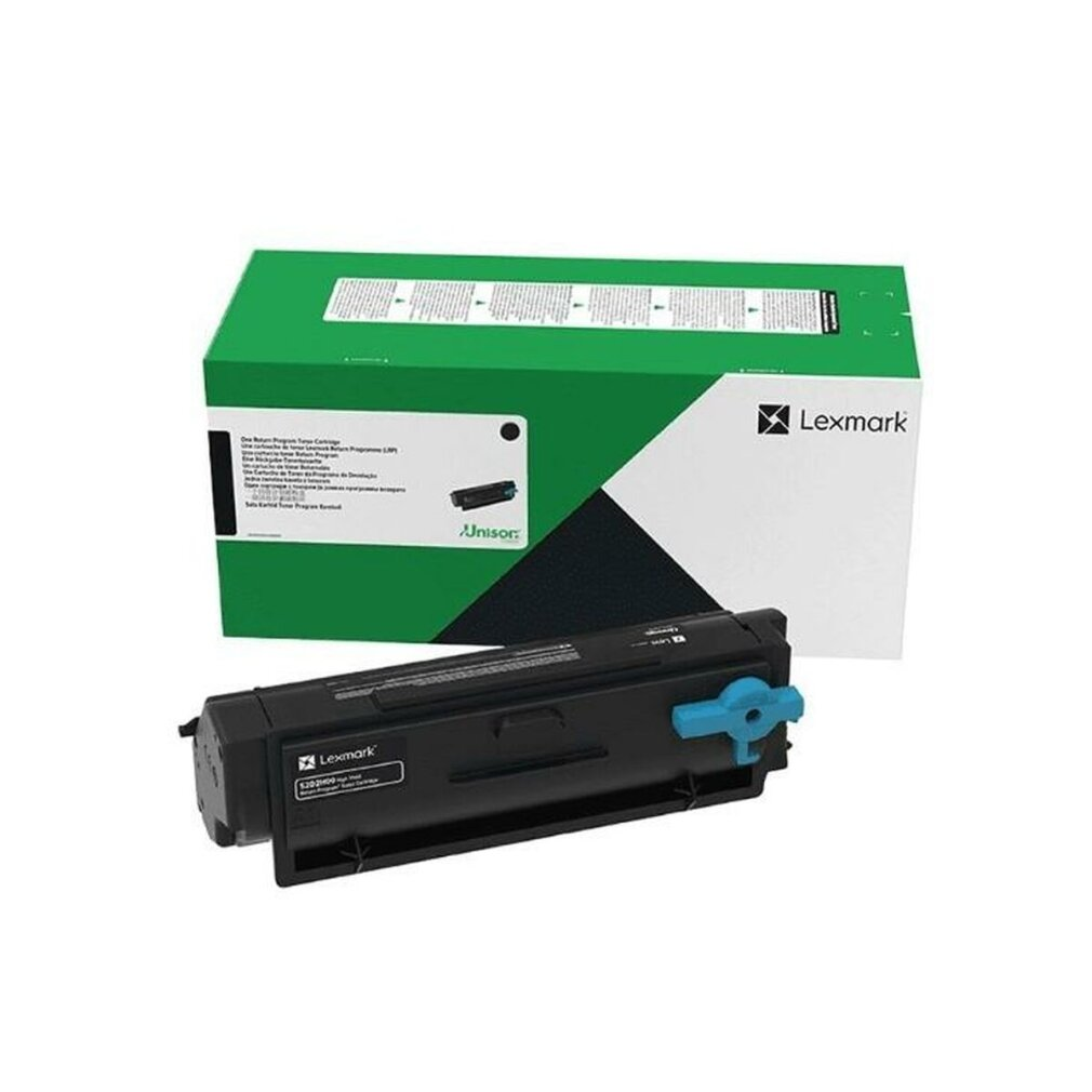 Una cartuccia toner e scatola Lexmark, scatola verde e cartuccia nera, su bianco.