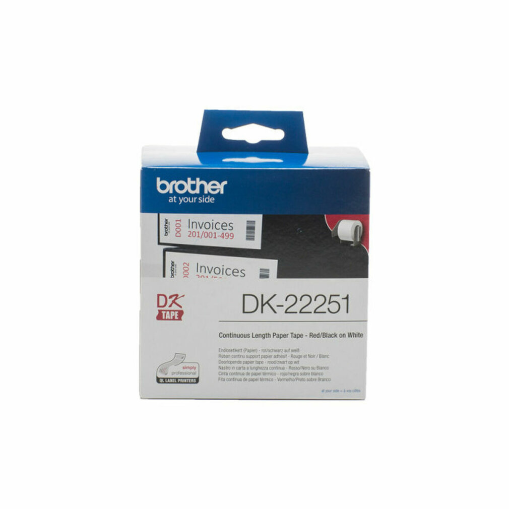 Una caja de cinta de etiquetas Brother DK-22251. Es blanca con detalles azules y texto como 'Invoices' y 'DK TAPE'.