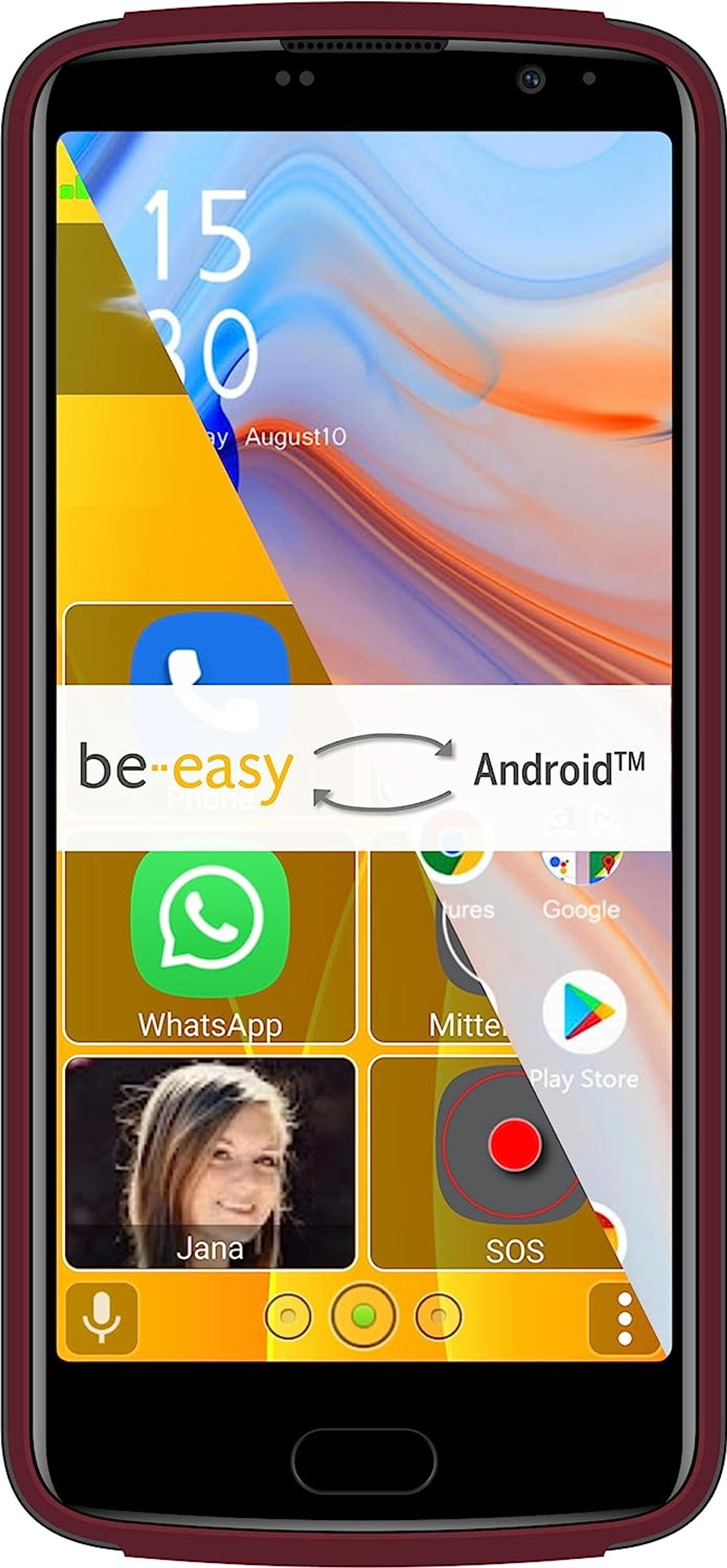 Smartphone che mostra un'interfaccia con icone di app. Ha una cornice bordeaux. Lo schermo mostra l'ora e le app.