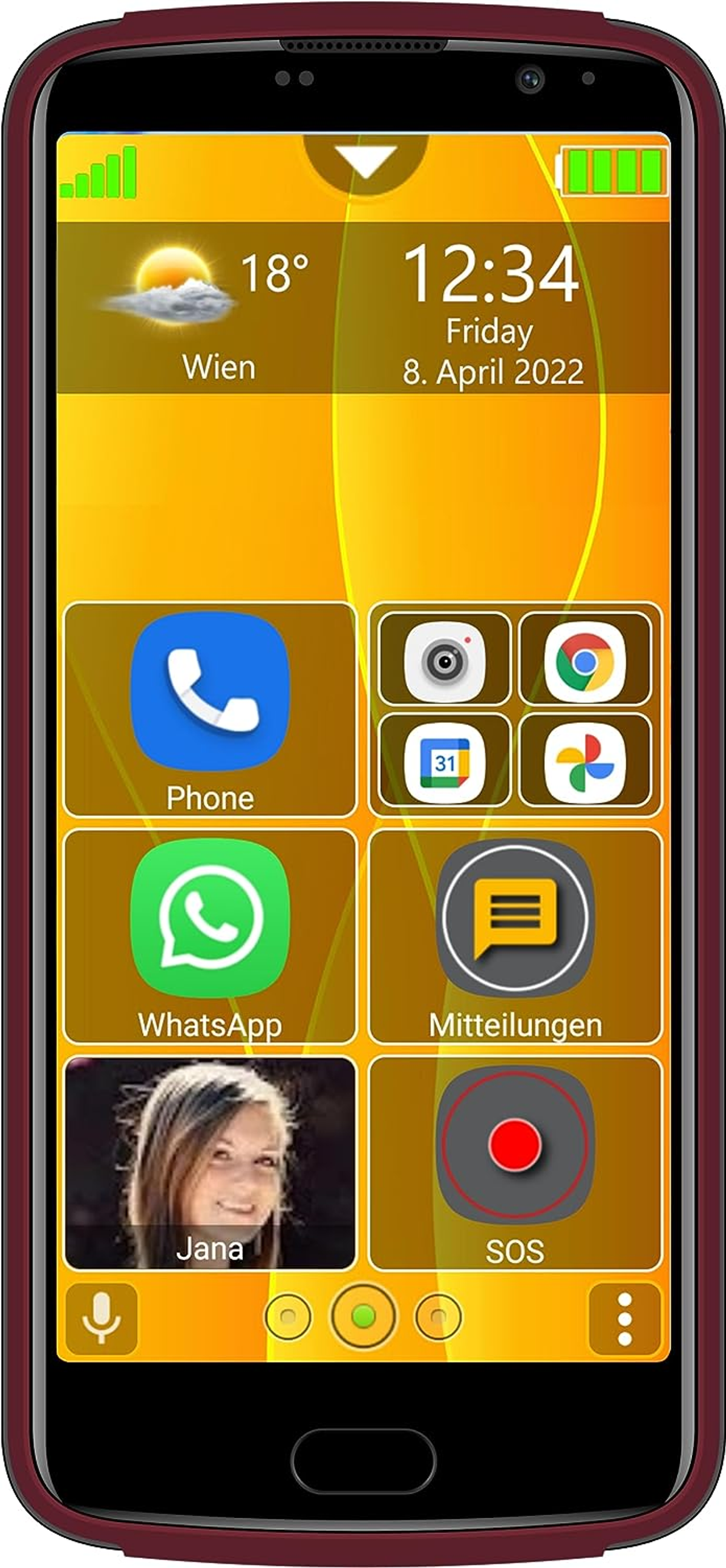 Schermo smartphone con icone telefono, fotocamera, WhatsApp, messaggi e SOS. Meteo a Vienna visualizzato.