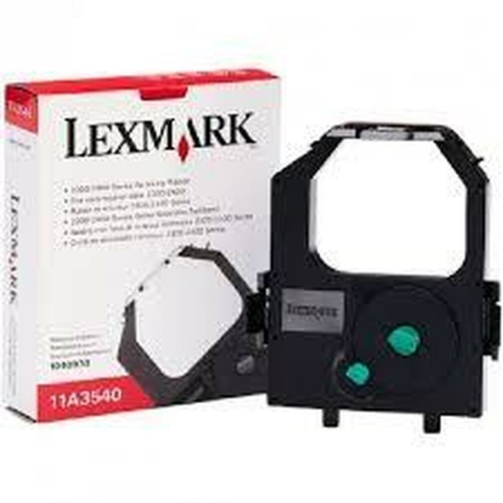 Eine Lexmark Farbbandpatrone und ihre Box. Die Box ist weiß und rot, die Patrone ist schwarz.