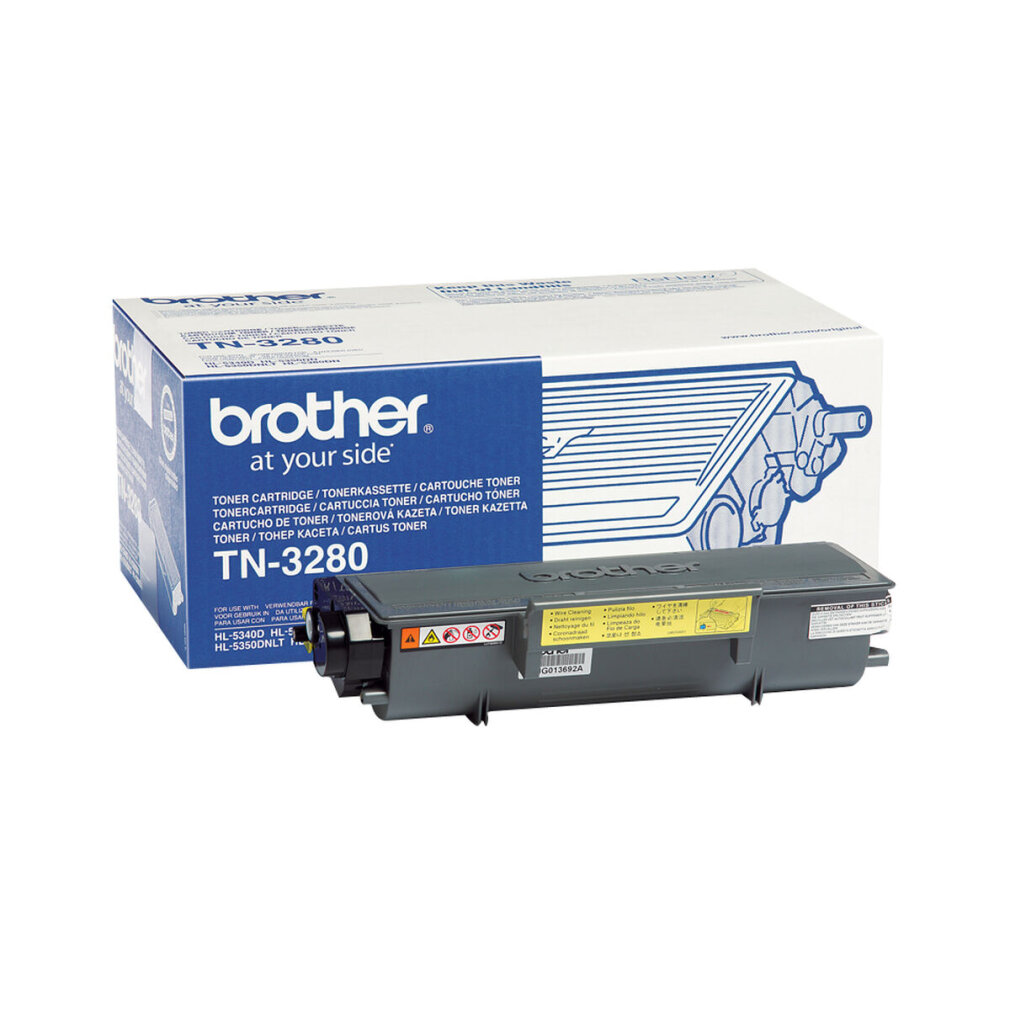 Une cartouche de toner Brother et sa boîte. La boîte est blanche avec des graphiques bleus et le texte 'TN-3280'.