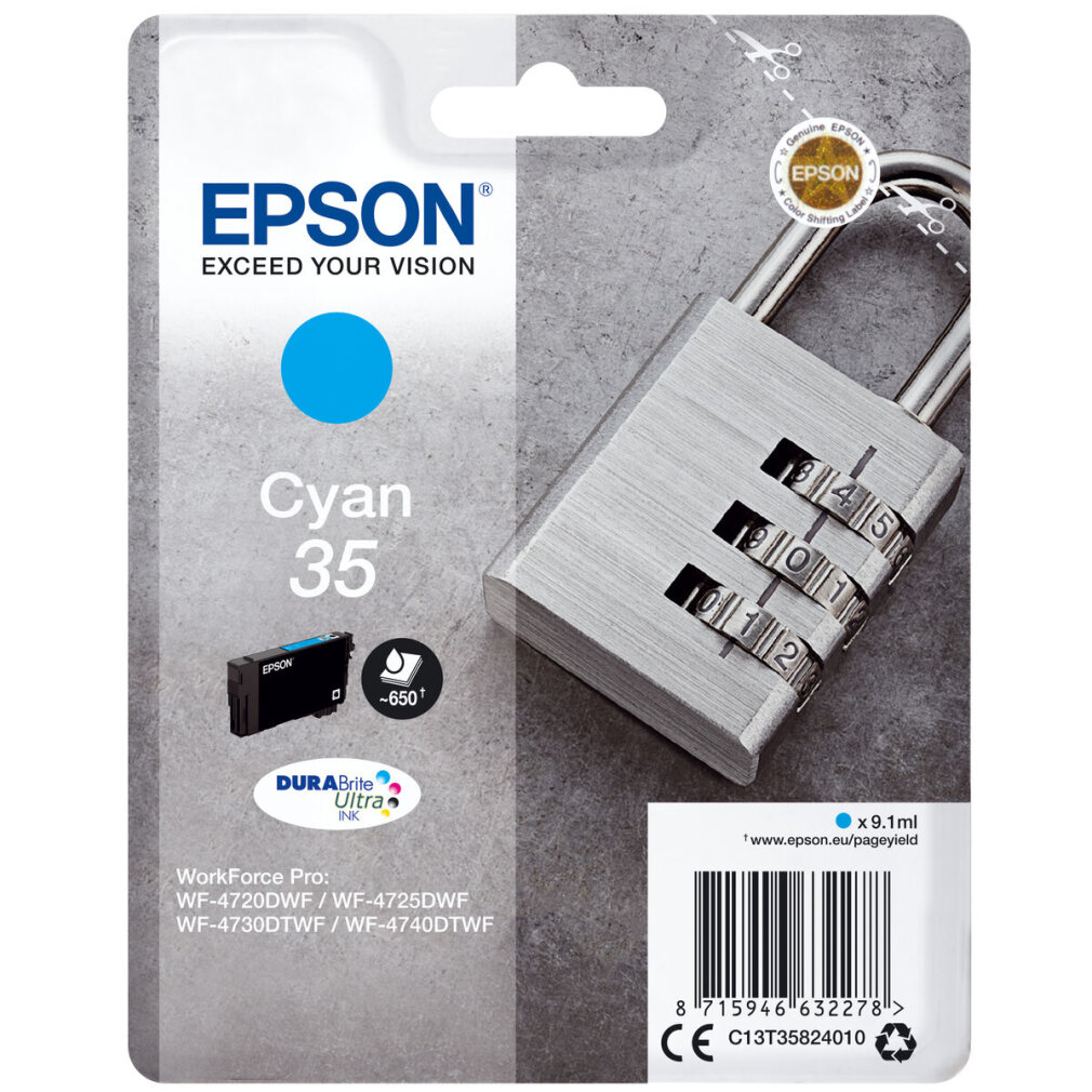 Un emballage de cartouche d'encre Epson avec un cadenas graphique et les mots 'Cyan' et '35' à l'avant.