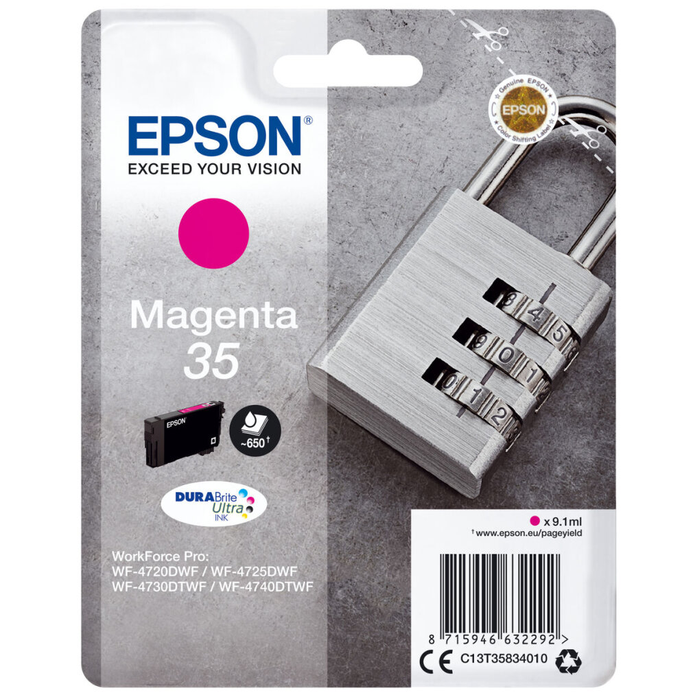 Un emballage de cartouche d'encre Epson magenta avec un cadenas graphique et '35' à l'avant.