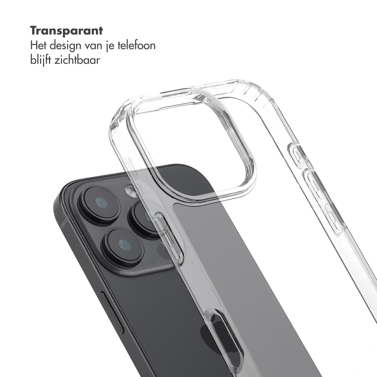 Een transparante telefoonhoes op een zwarte iPhone. De tekst 'Transparant' is zichtbaar, met een witte achtergrond.