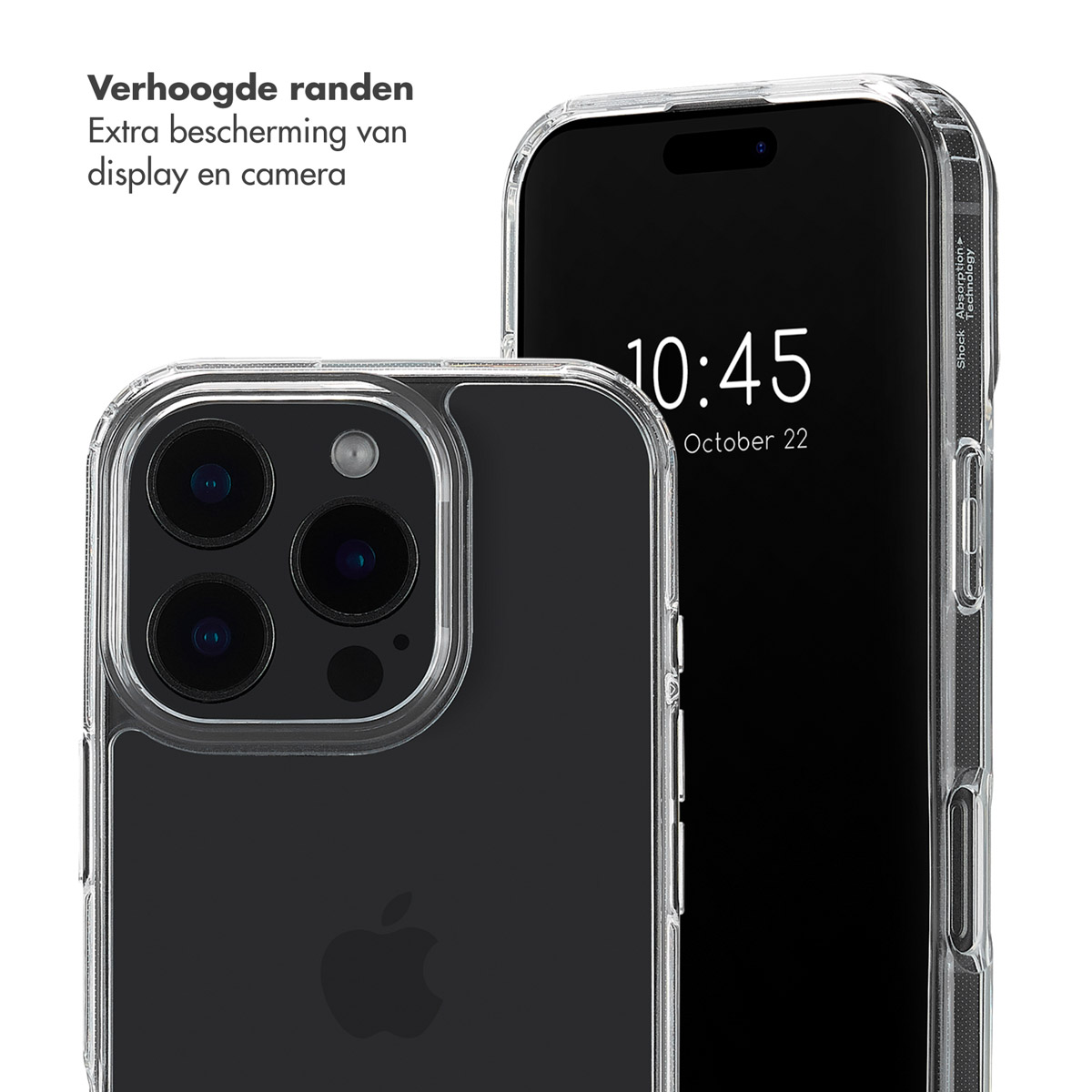 Close-up van telefoonhoesje met iPhone. Tekst: 'Verhoogde randen extra bescherming van display en camera'.