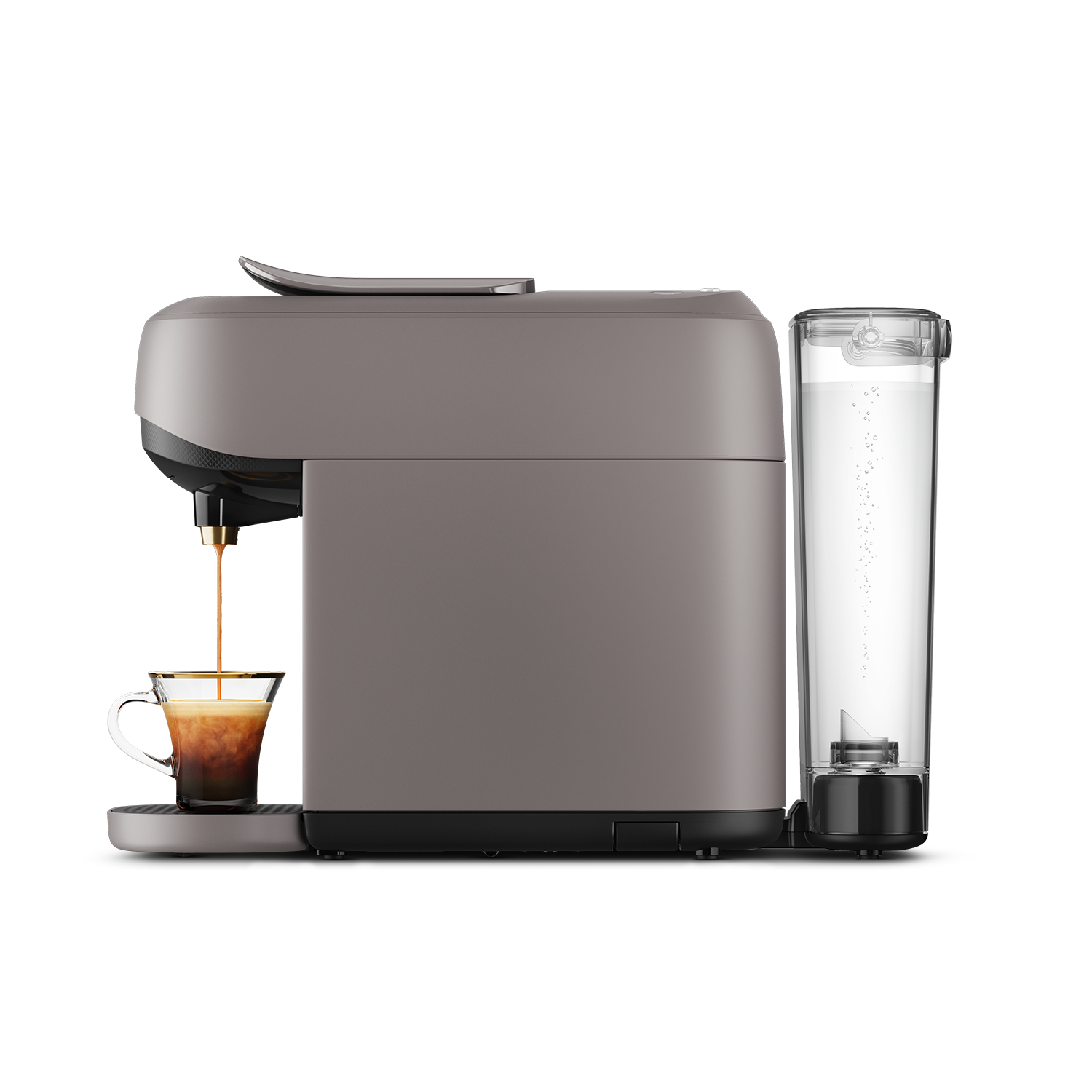 Ekspres do kawy ze szklanką. Maszyna jest szara i ma jedną dyszę.