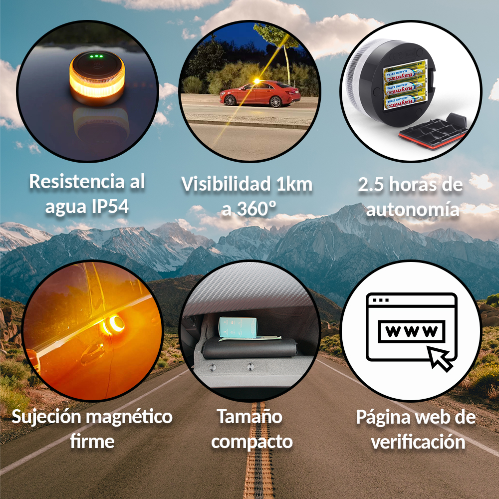 Collage de características de una baliza de emergencia: resistencia al agua, visibilidad de 1 km, batería de 2,5 horas, montaje magnético.