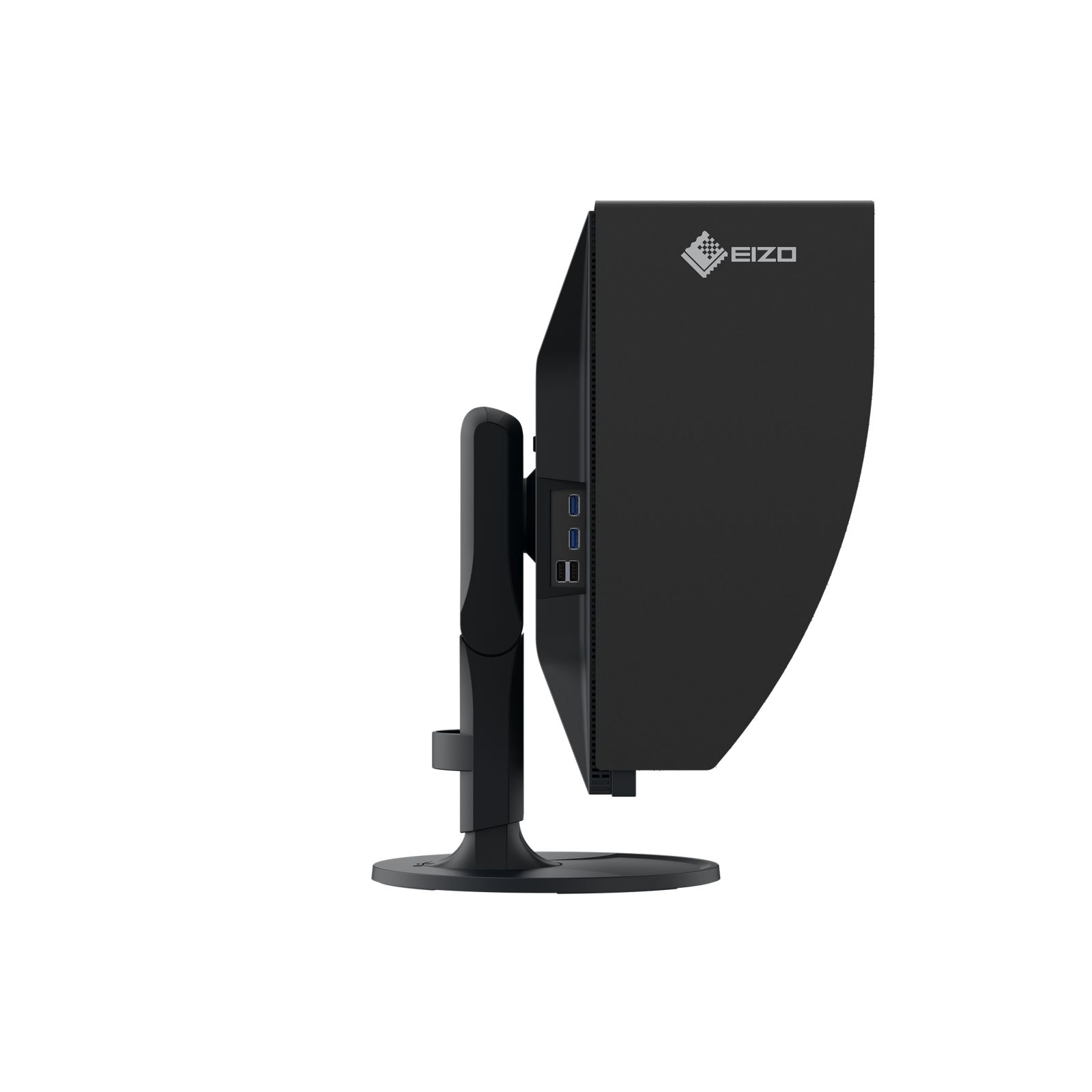 Czarny monitor EIZO, widok z boku. Posiada podstawę i porty. Widoczne jest logo EIZO.