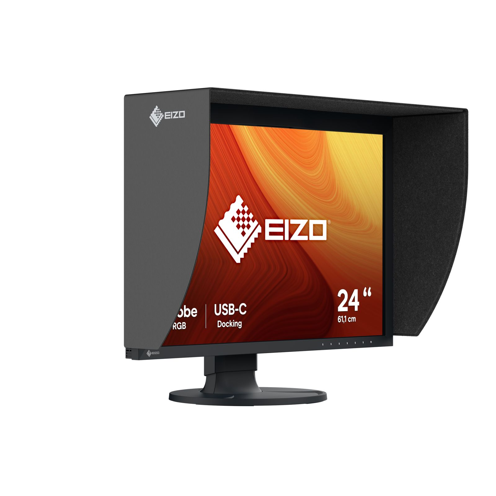 Monitor EIZO z osłoną ekranu, USB-C. Ekran wyświetla pomarańczowe tło. Czarny stojak na białej powierzchni.