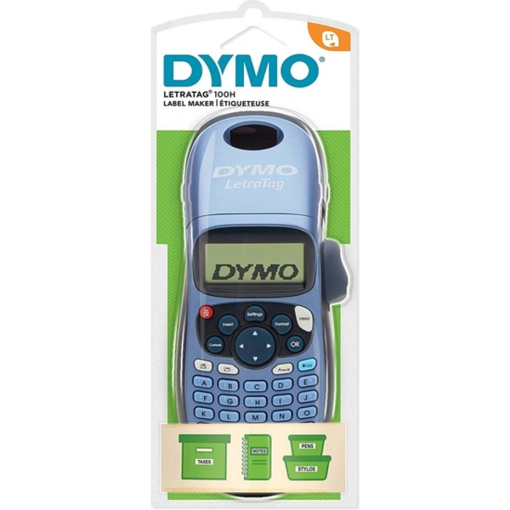 Blauer Dymo Letratag Etikettendrucker auf weißem Hintergrund, mit grünen Box- und Stiftsymbolen.