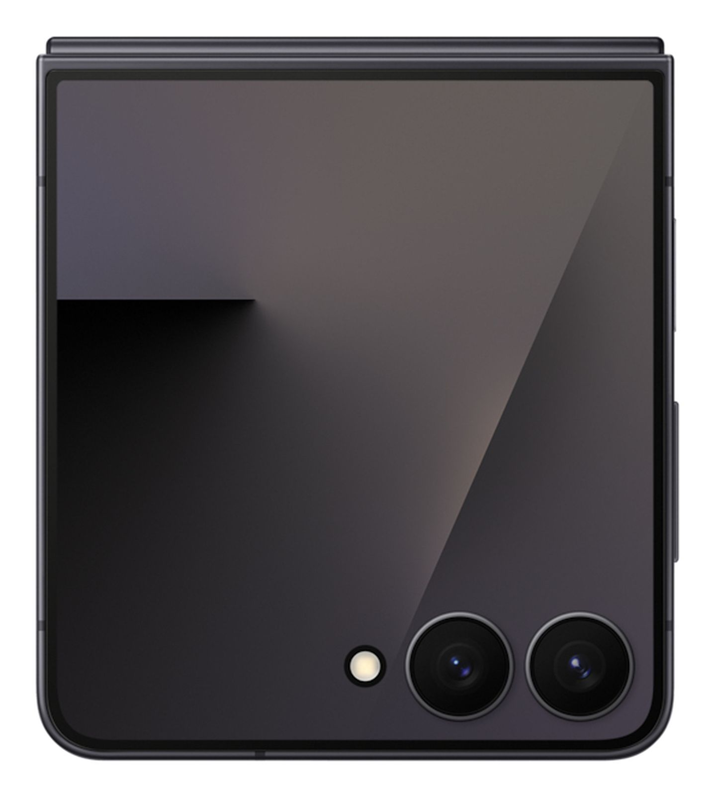 Czarny składany telefon z dwoma aparatami i światłem. Ekran pokazuje szare gradienty.