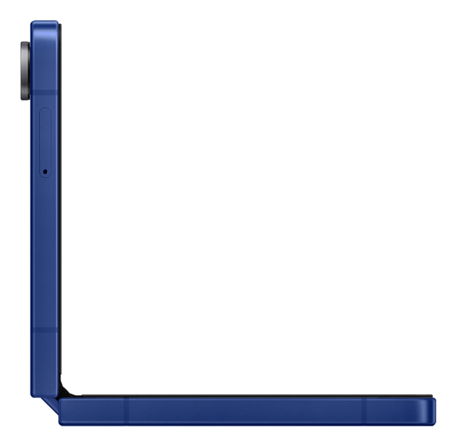 Niebieski składany telefon z profilu. Bok pokazuje kamerę i gniazdo karty SIM. Telefon jest złożony.