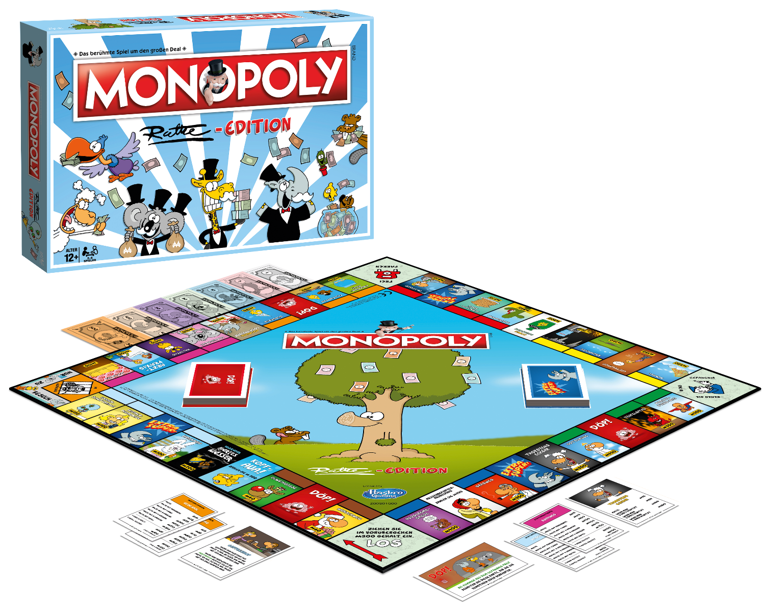 Monopoly Retro Edition Spiel. Eine Box mit Zeichentrickfiguren und ein Spielbrett mit Karten und Geld. Das Spiel steht auf schwarzem Untergrund.