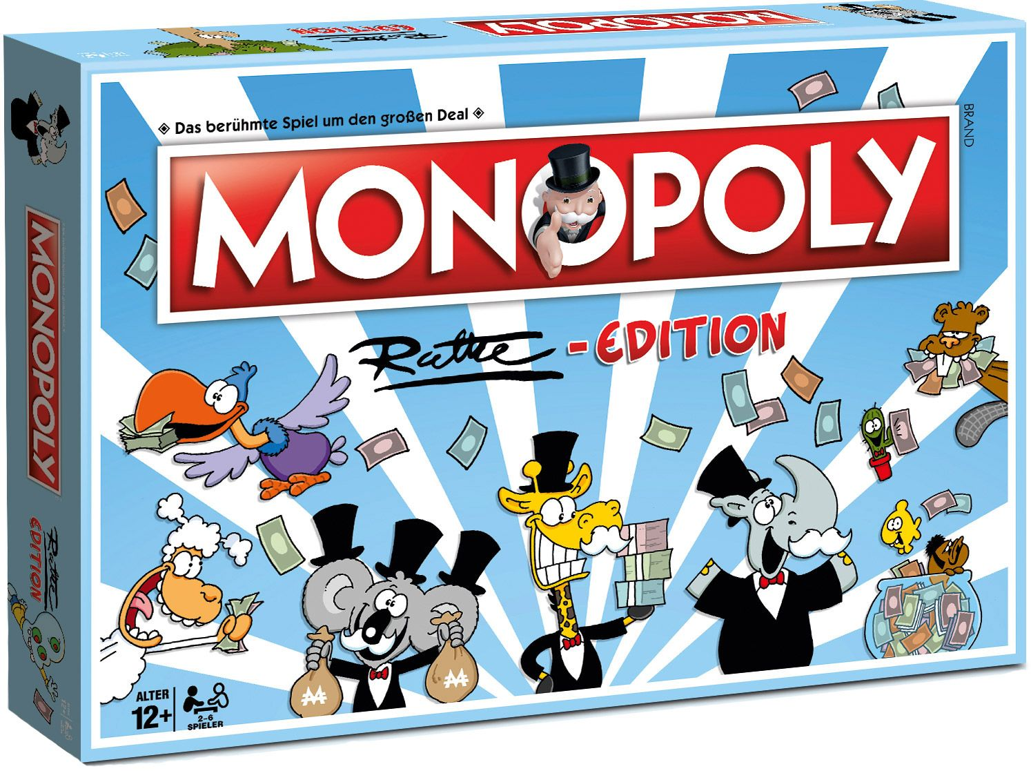 Monopoly-Brettspielbox. Zeigt Zeichentrickfiguren und fallendes Geld vor blauem Himmel. Der Spieletitel ist prominent.