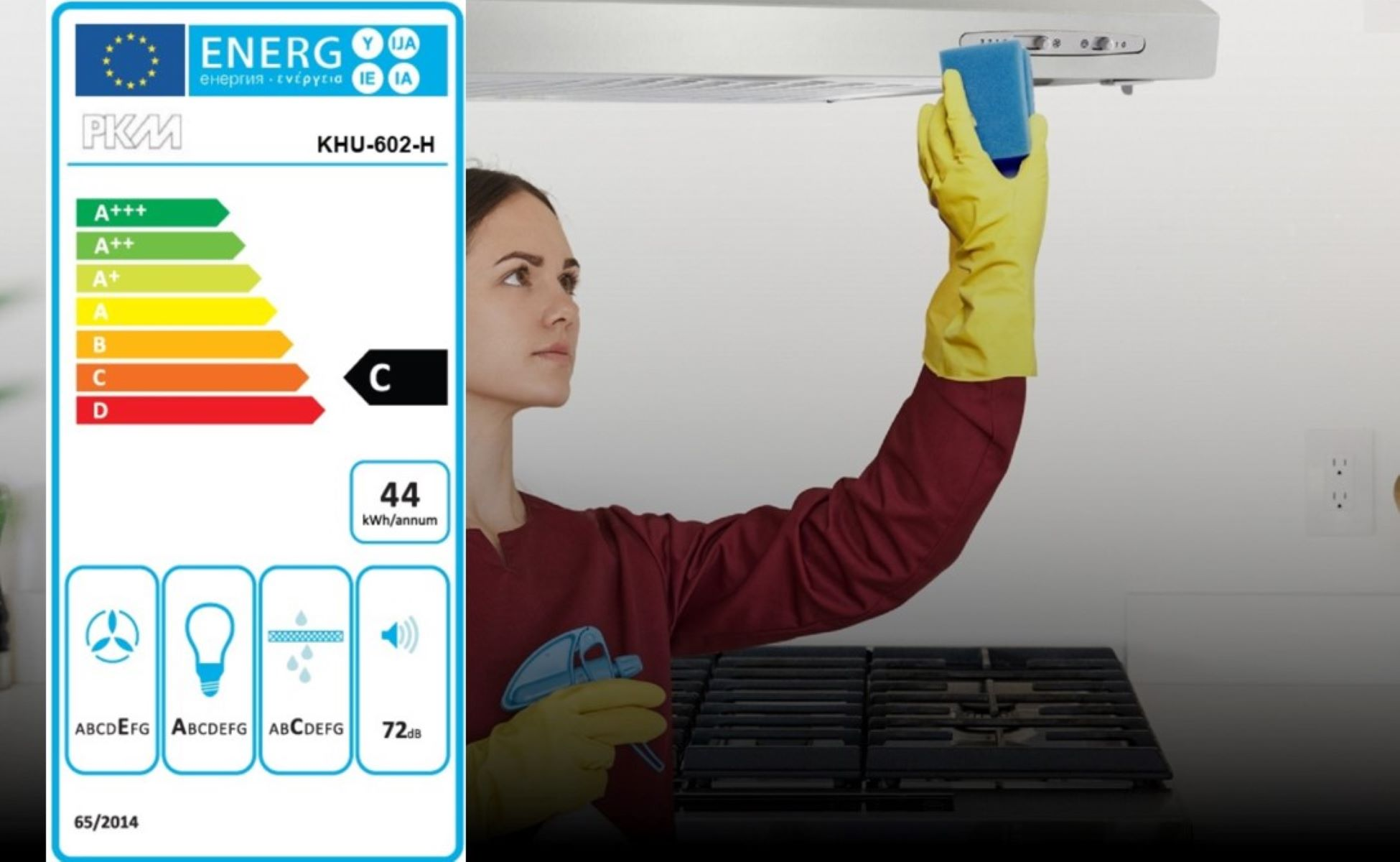 Frau mit gelben Handschuhen reinigt eine weiße Dunstabzugshaube; ein Energielabel ist links sichtbar.