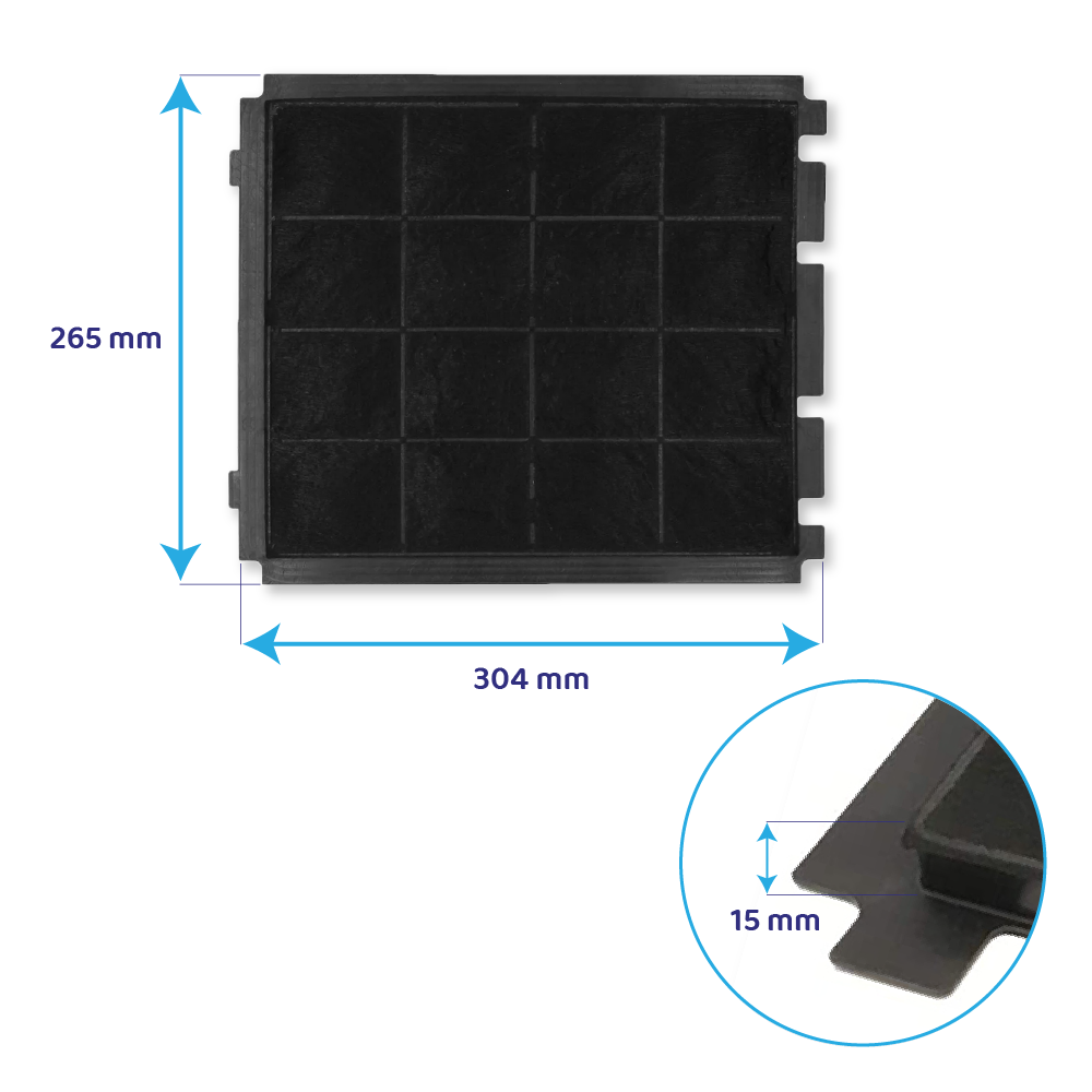 Un filtro nero con motivo a griglia, dimensioni: 265mm x 304mm x 15mm di spessore, con un primo piano.