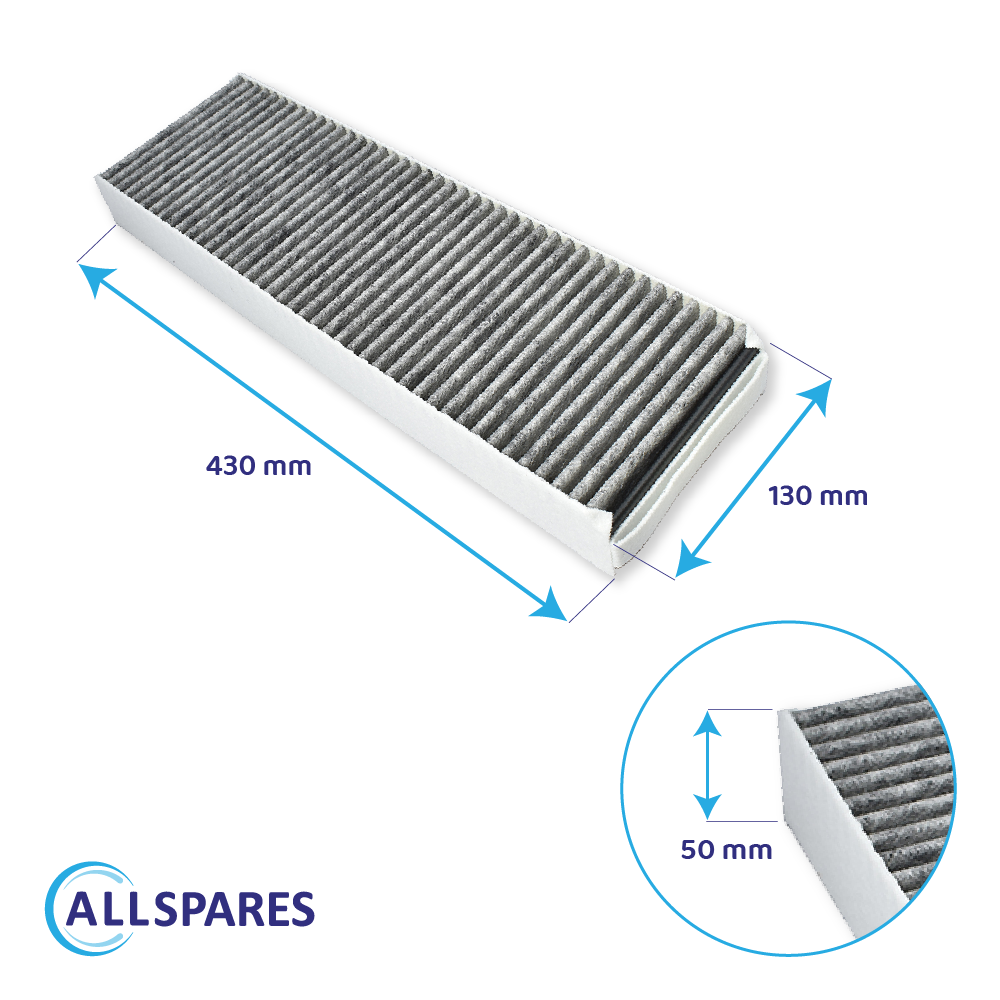 Rechteckiger Filter mit grauem, gewelltem Material. Maße: 430mm x 130mm x 50mm.