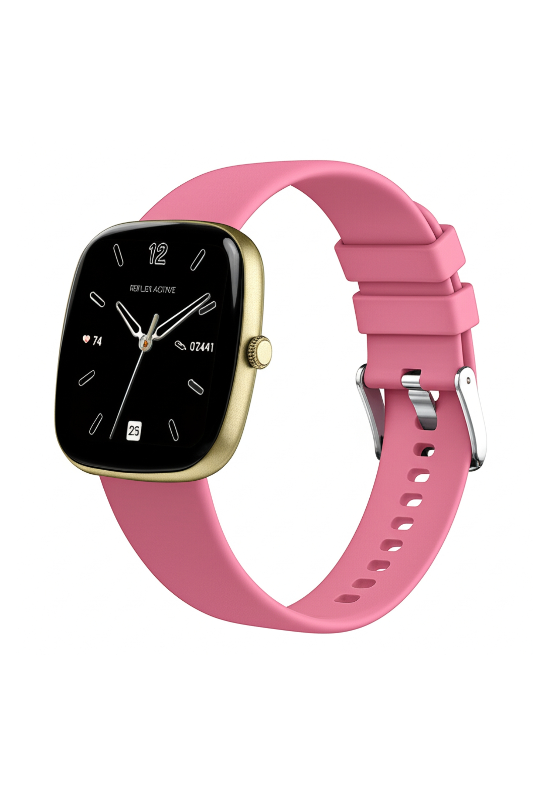 Eine Smartwatch mit schwarzem Display, goldenem Gehäuse und pinkfarbenem Armband. Die Uhr zeigt die Zeit und Daten.