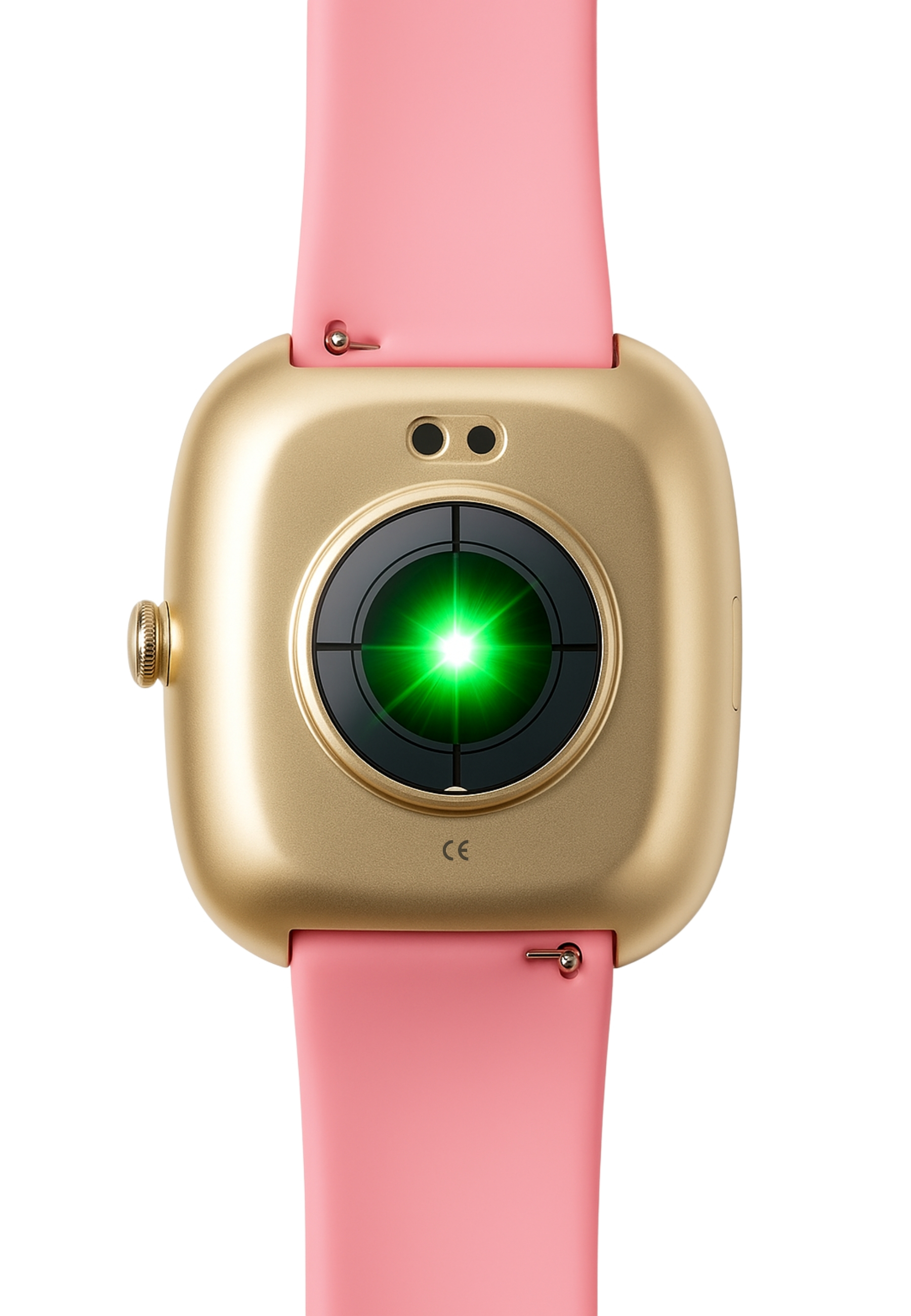 Rückansicht einer Smartwatch mit goldenem Gehäuse. Ein grünes Licht strahlt aus der Mitte des Zifferblatts.
