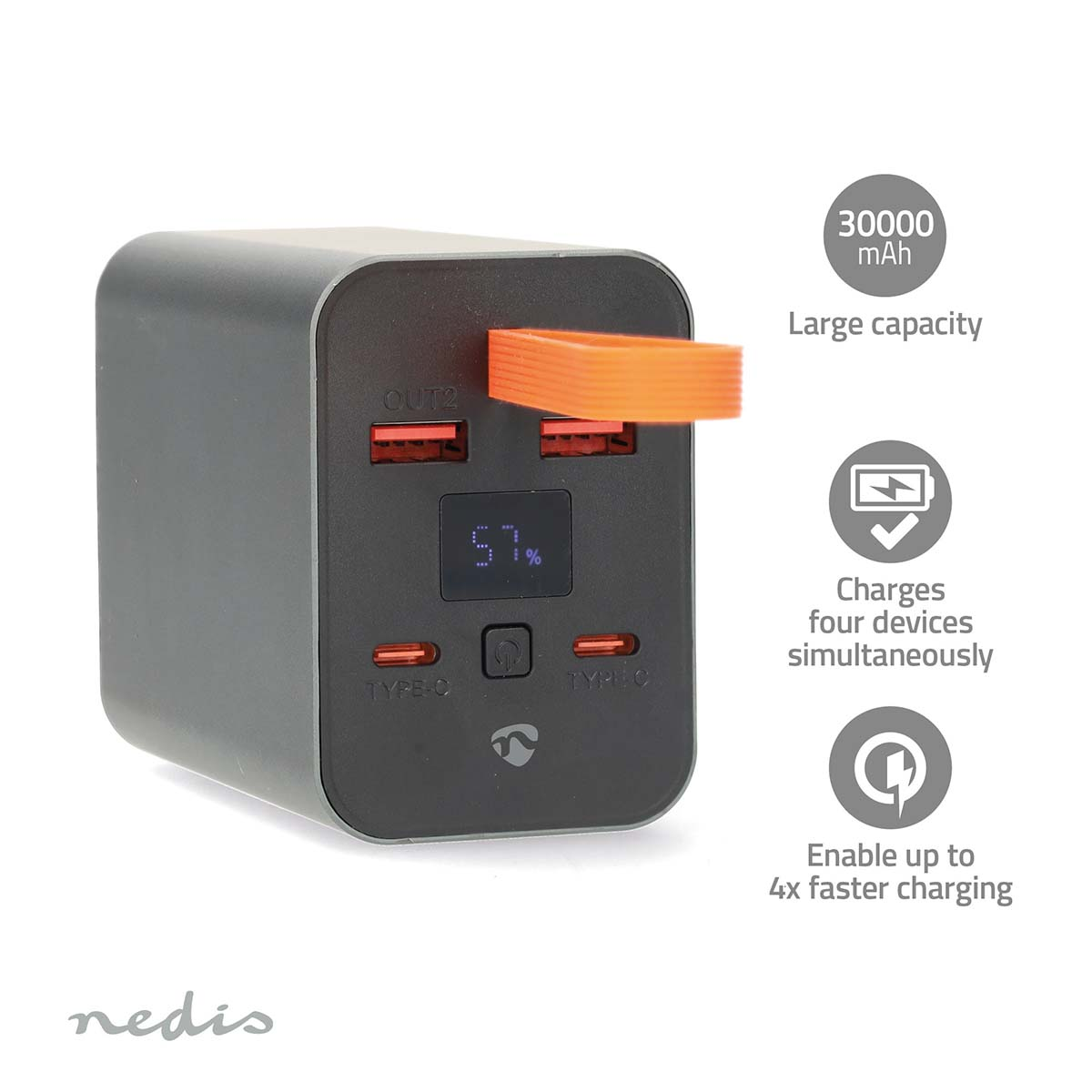 Un power bank nero con dettagli arancioni. Ha un display digitale che mostra il 57% di carica. Le icone descrivono le funzionalità.