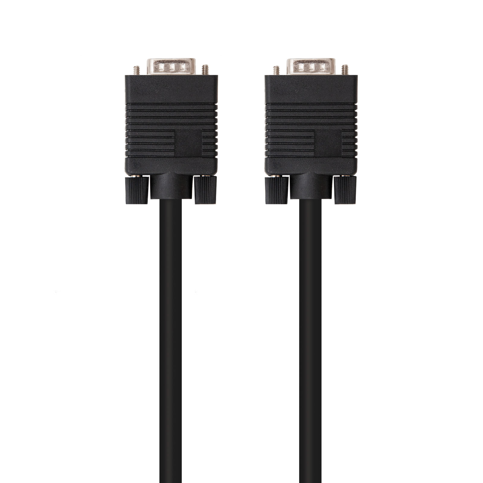 Dos cables VGA negros uno al lado del otro sobre fondo blanco. Cada cable tiene un conector en cada extremo.