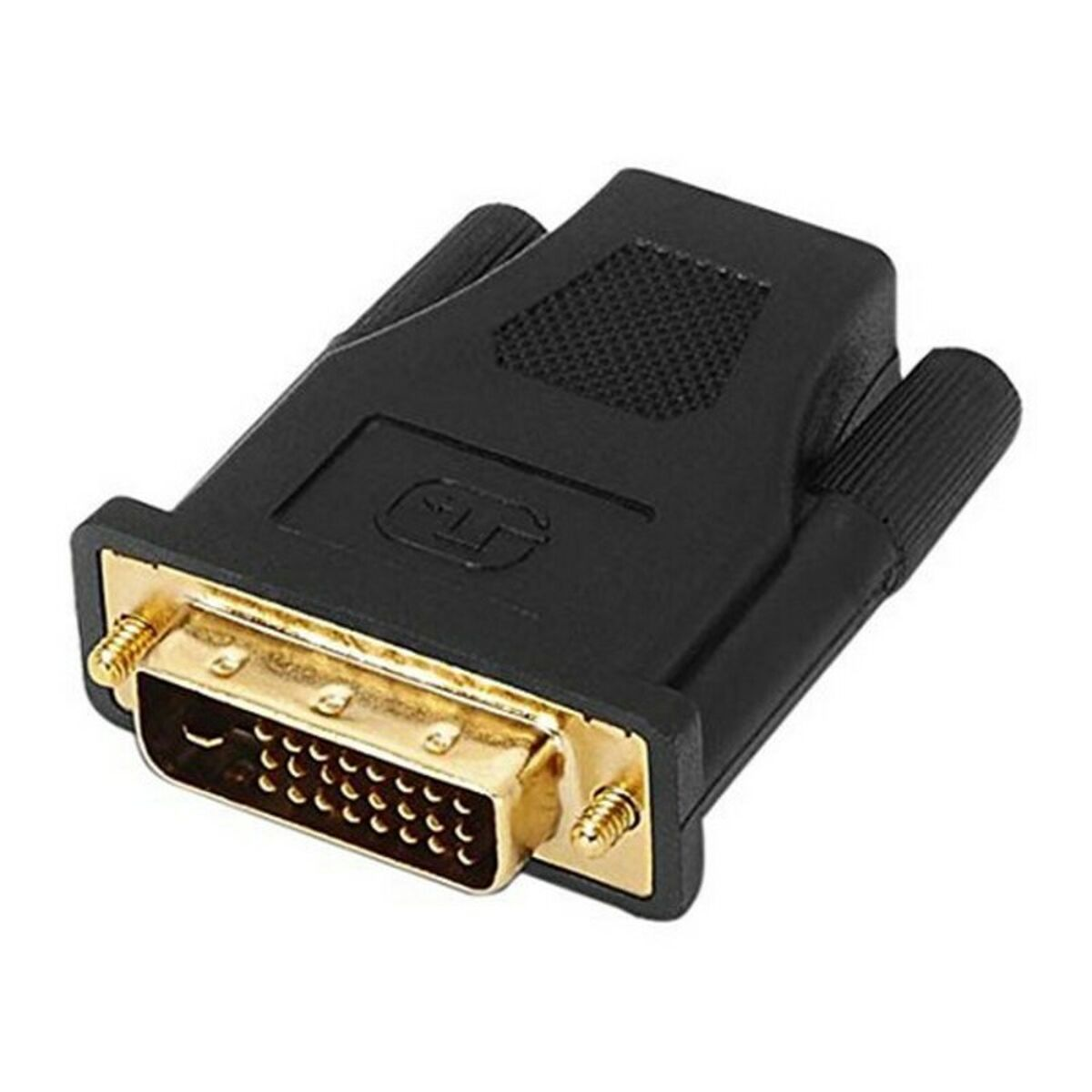 Czarny adapter DVI do DVI ze złotymi złączami. Białe tło.
