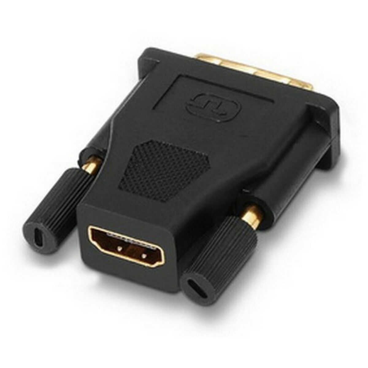 Czarny adapter HDMI do DVI z czarnymi pokrętłami śrubowymi. Białe tło.