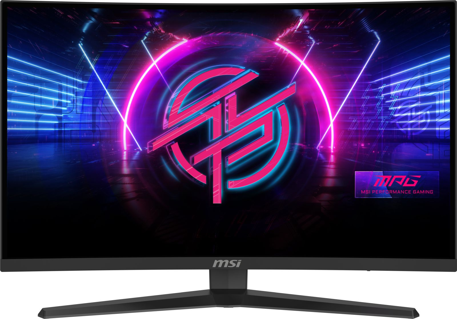 Zakrzywiony monitor wyświetla logo z różowymi i niebieskimi neonami.