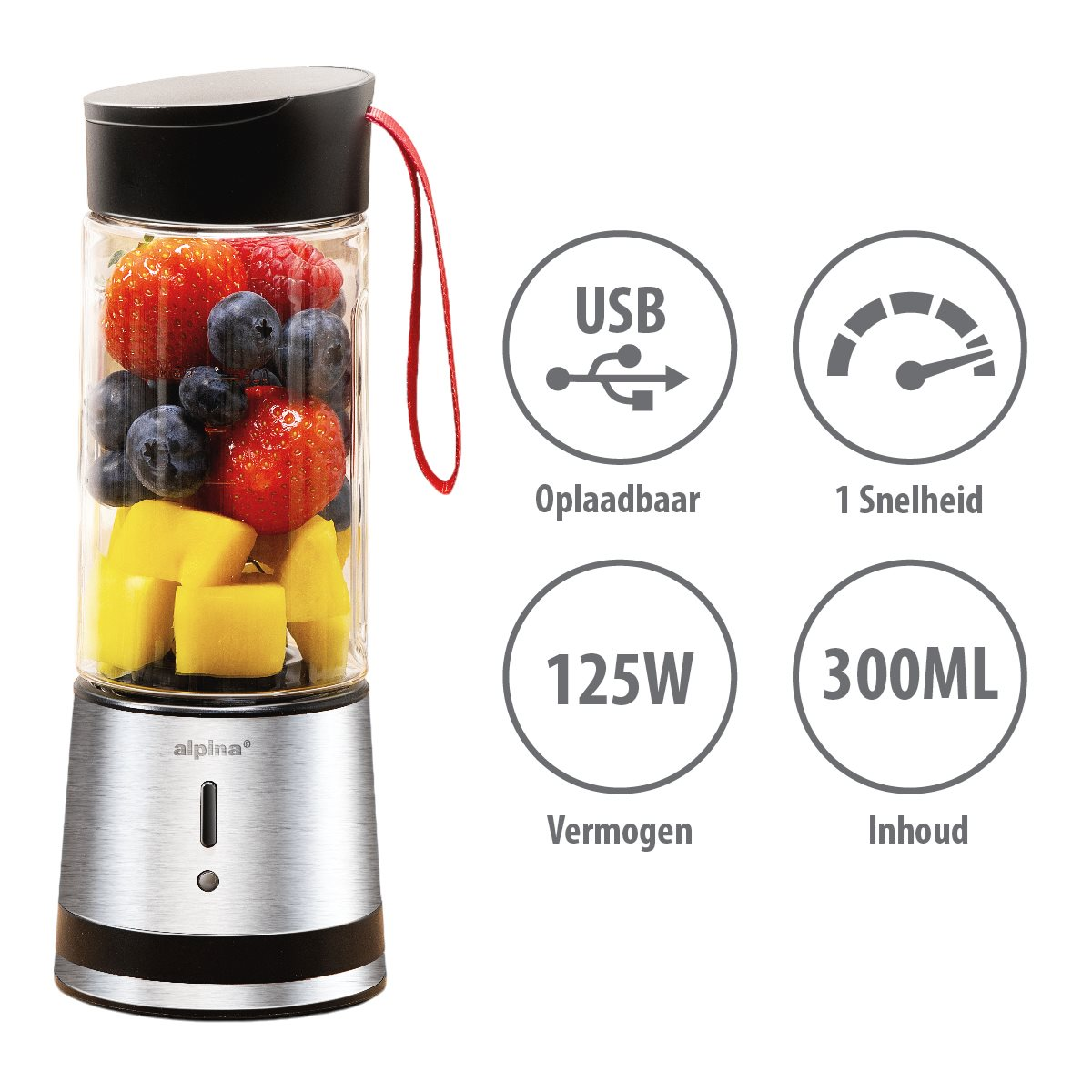 Een blender met fruit erin, omringd door pictogrammen die USB, stroom, snelheid en capaciteit tonen.