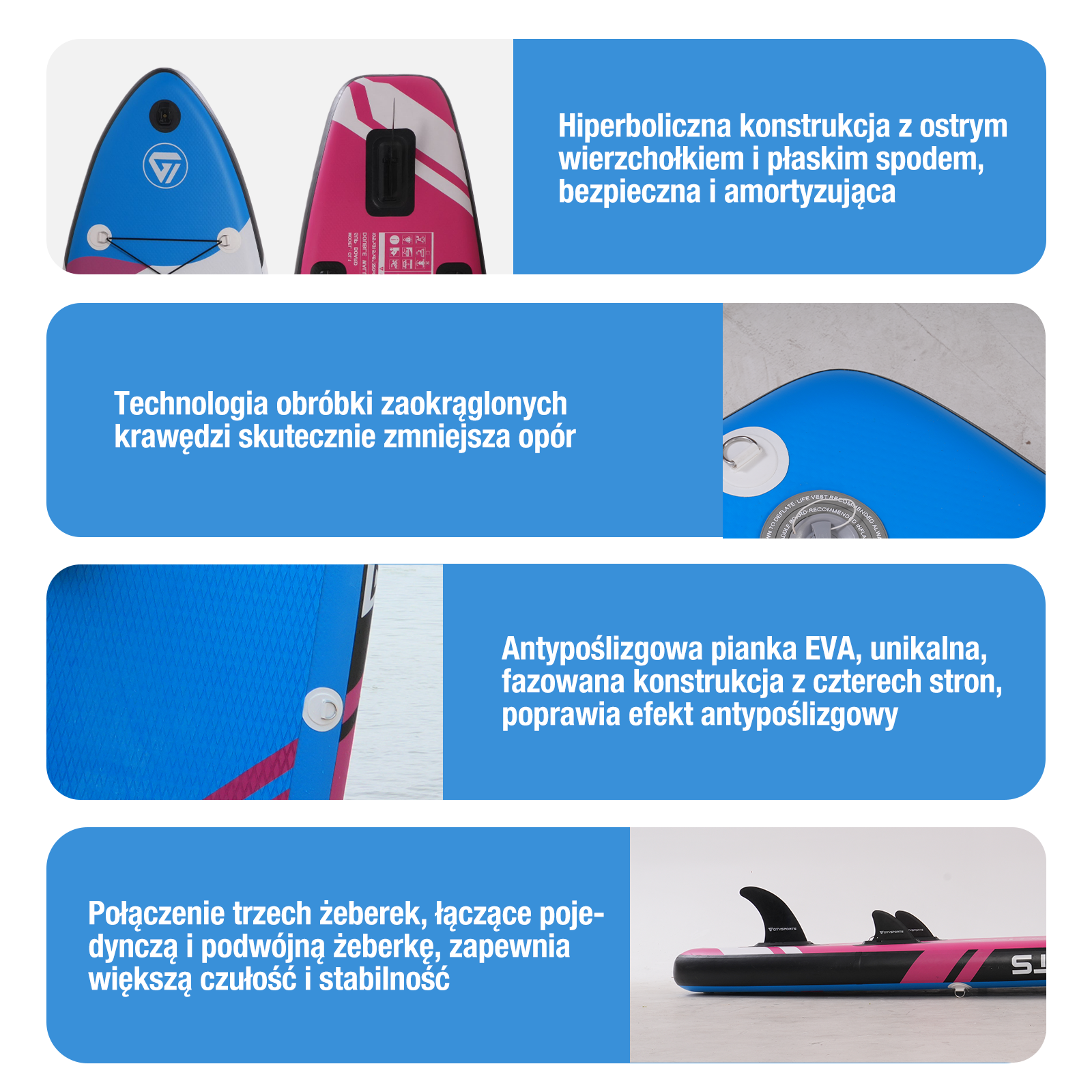 Zbliżenie na różową i niebieską deskę do wiosłowania z detalami projektowymi i tekstem w języku polskim. Deska znajduje się na białym tle.