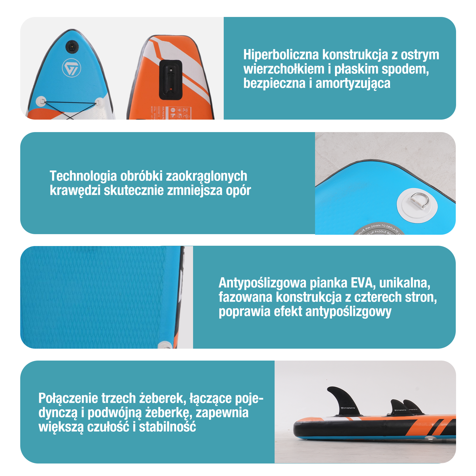 Zbliżenie na pomarańczową i niebieską deskę do wiosłowania z detalami projektowymi i tekstem w języku polskim. Deska znajduje się na białym tle.