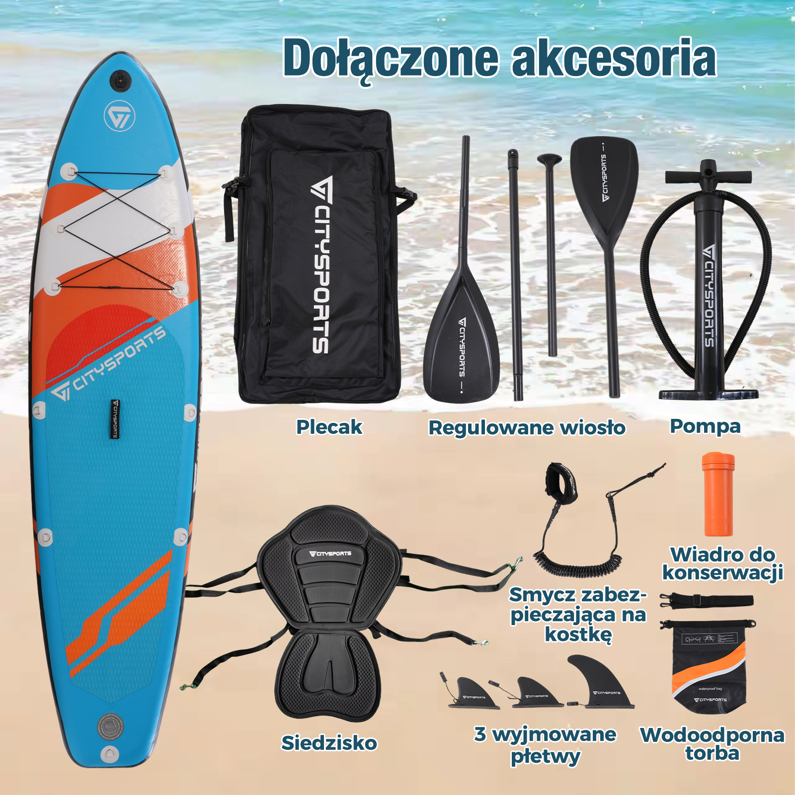 Niebieska deska do wiosłowania CitySports jest wyświetlana z akcesoriami, w tym torbą, wiosłami, pompką, siedzeniem i płetwami.