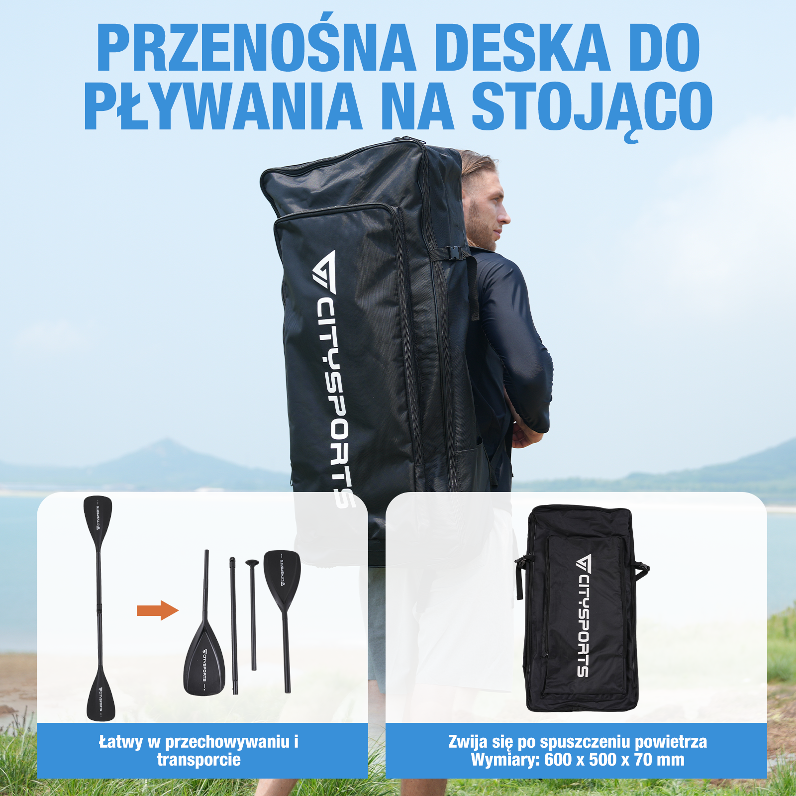 Mężczyzna niosący czarną torbę CitySports z deskami do wiosłowania i akcesoriami. Dodatkowe obrazy pokazują wiosła.