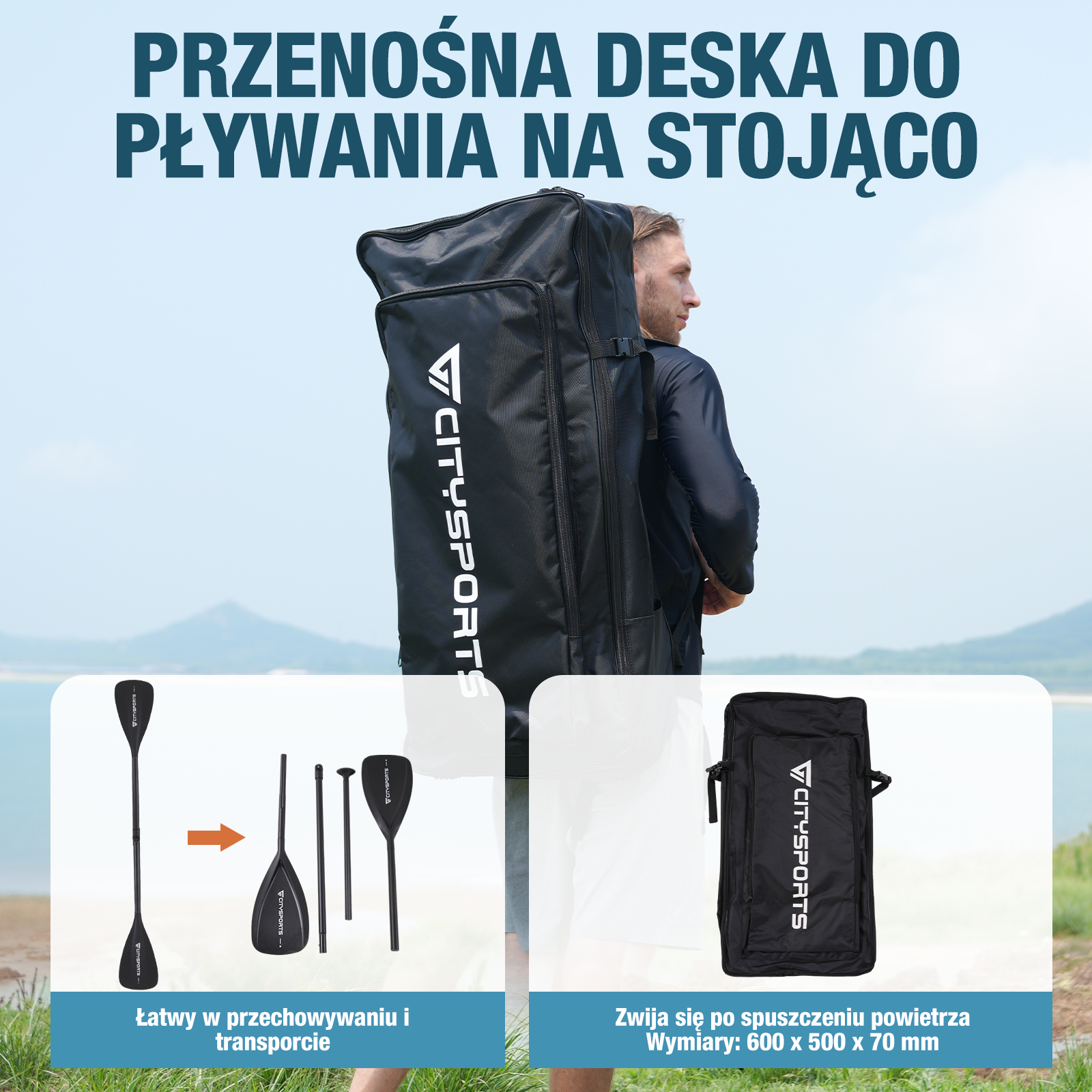 Mężczyzna niosący torbę na deskę do wiosłowania, z instrukcją montażu wiosła i mniejszą torbą na pierwszym planie.