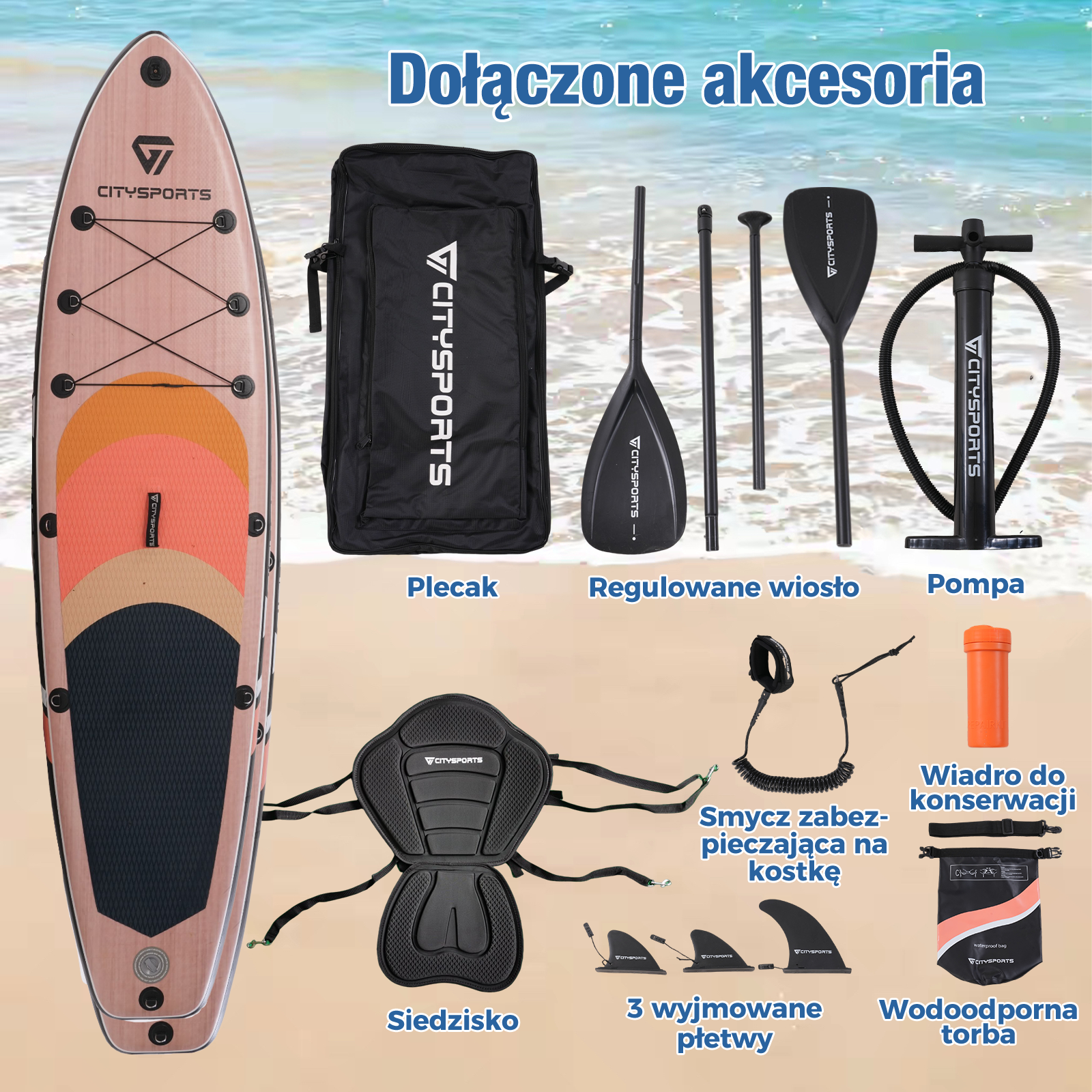 Deska SUP z akcesoriami. Obejmuje wiosło, pompkę, siedzenie, płetwy, wodoodporną torbę i suchy worek.